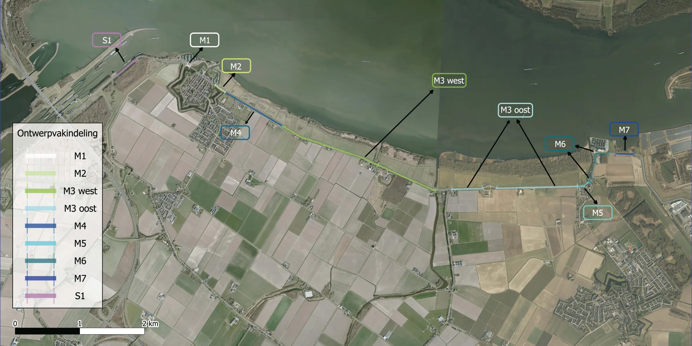 Overzicht dijkvakken traject Willemstad-Noordschans