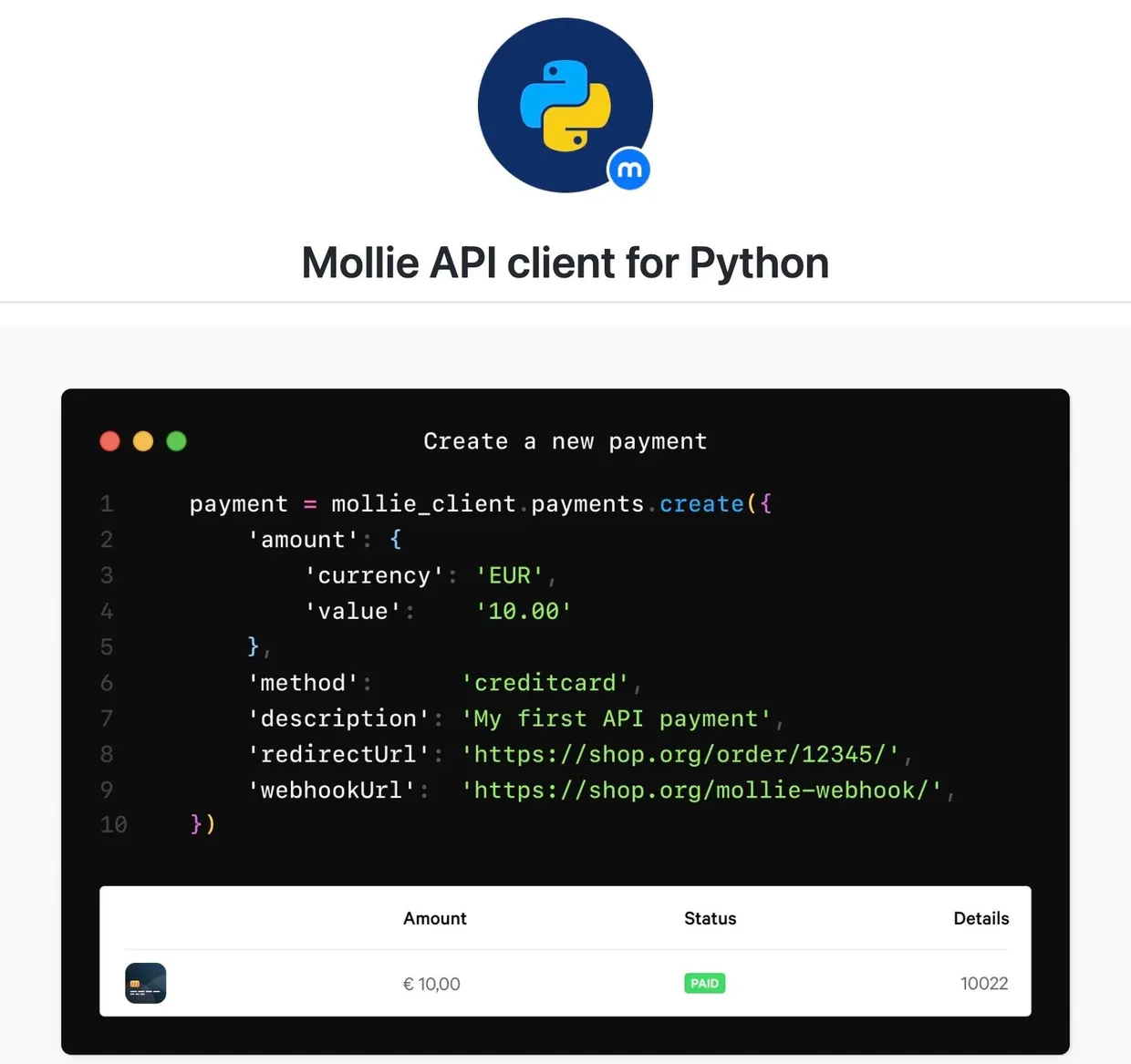 Create a new payment using the Mollie API Client for Python
