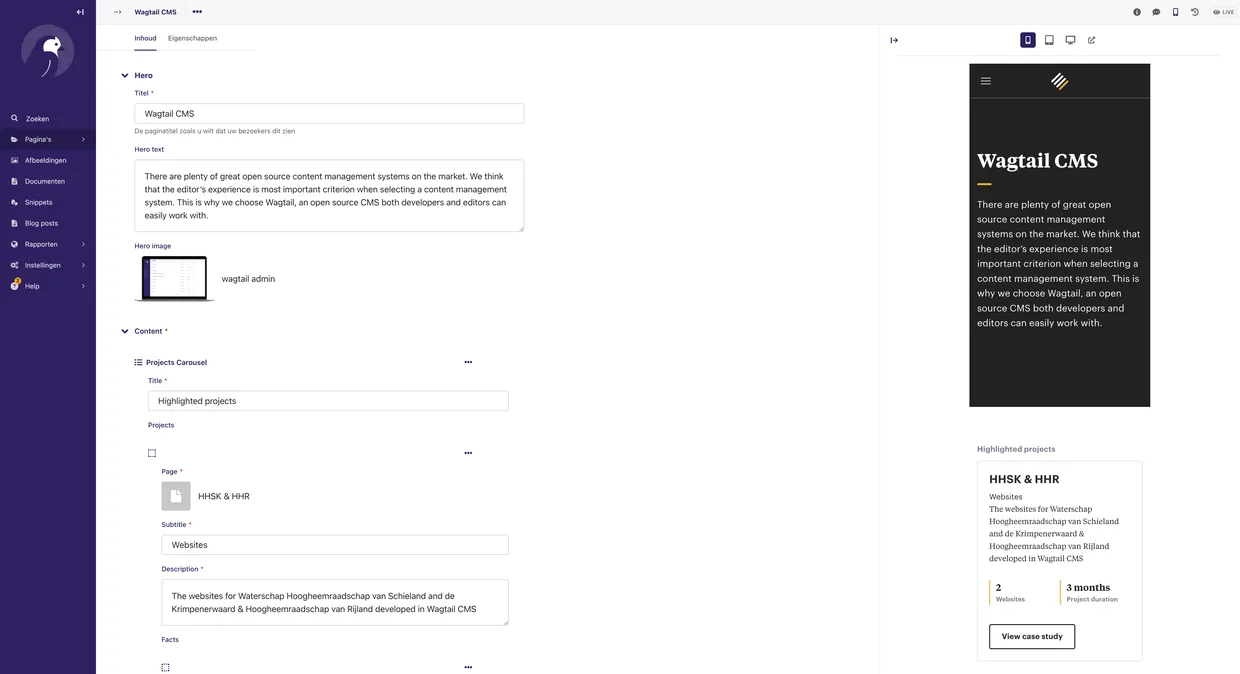 De Wagtail CMS omgeving met daarin een live preview terwijl je de pagina bewerkt