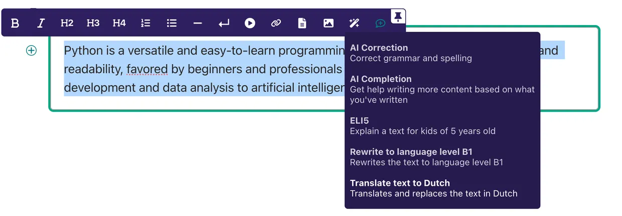 Screenshot of text selection and running a predefined AI prompt