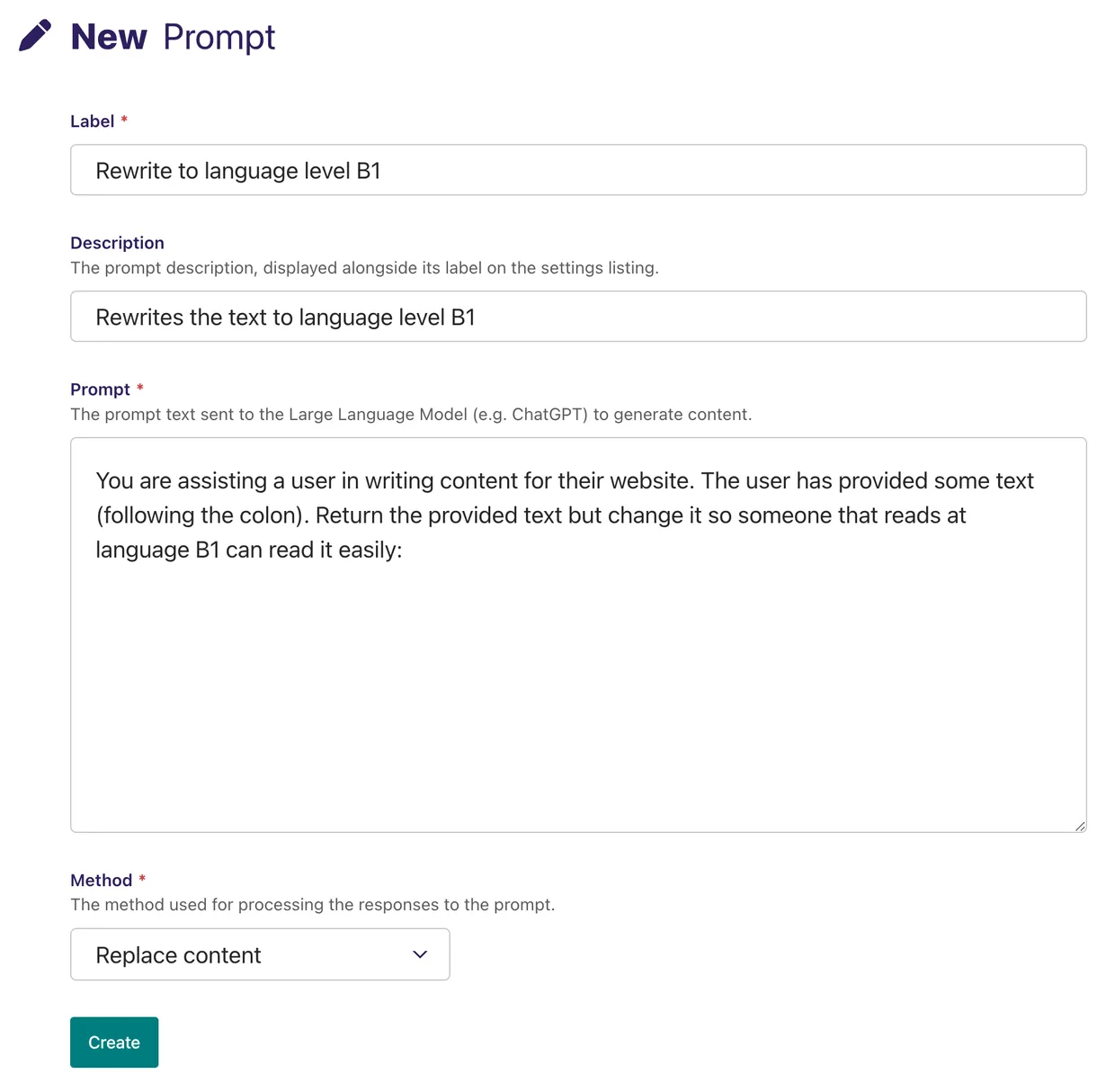 Screenshot of the form to add a predefined prompt