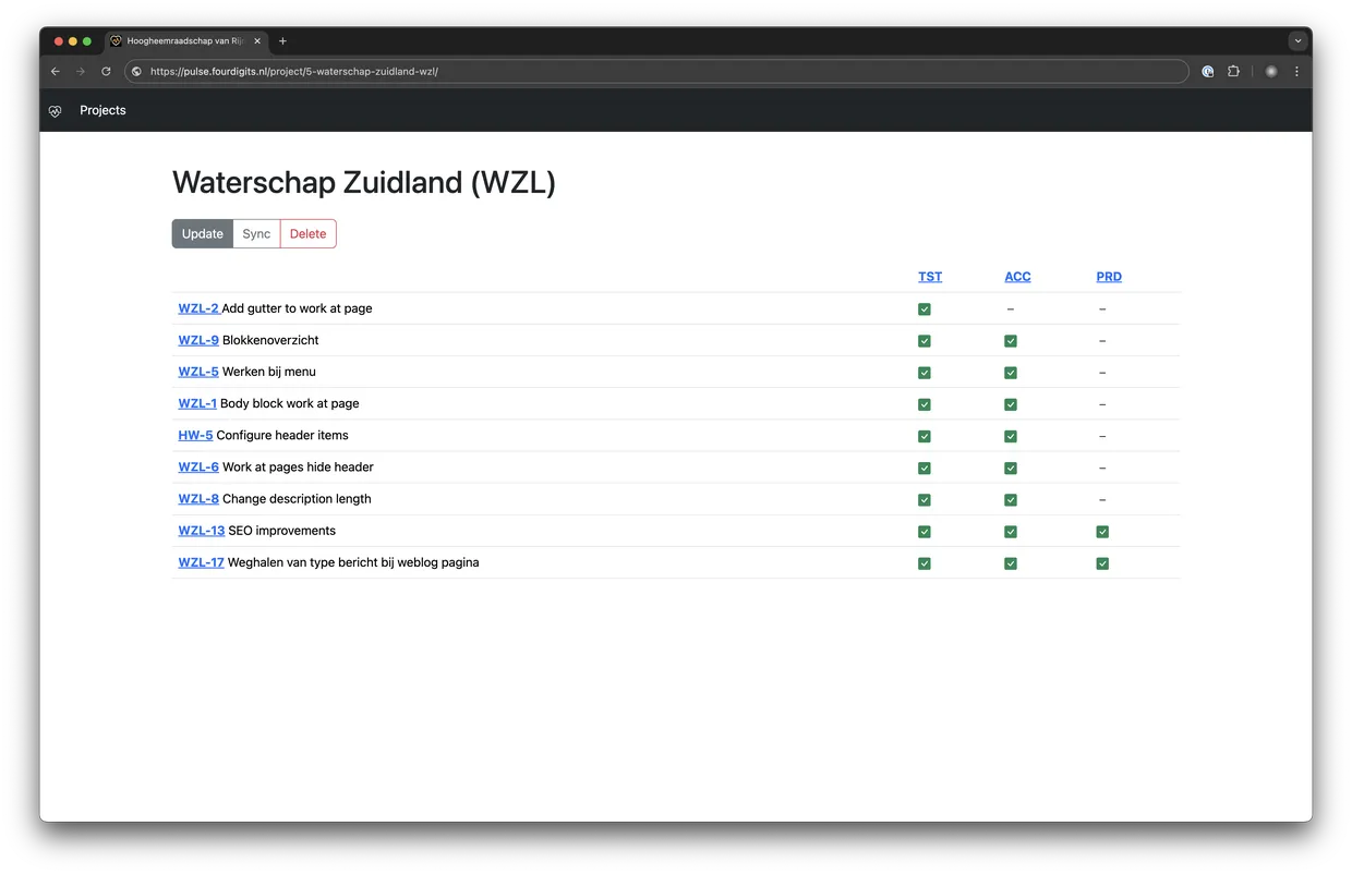 De detailpagina toont welke werkzaamheden op welke omgeving staan.