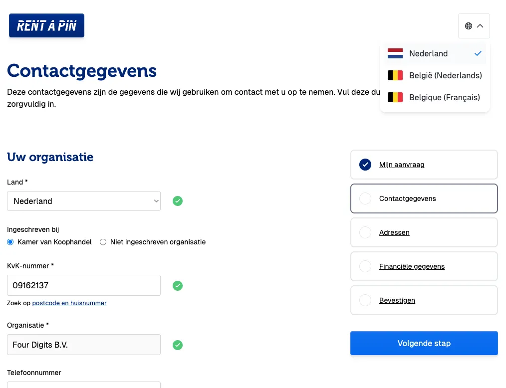 RENT A PIN orderflow met gecontroleerde NAW-gegevens