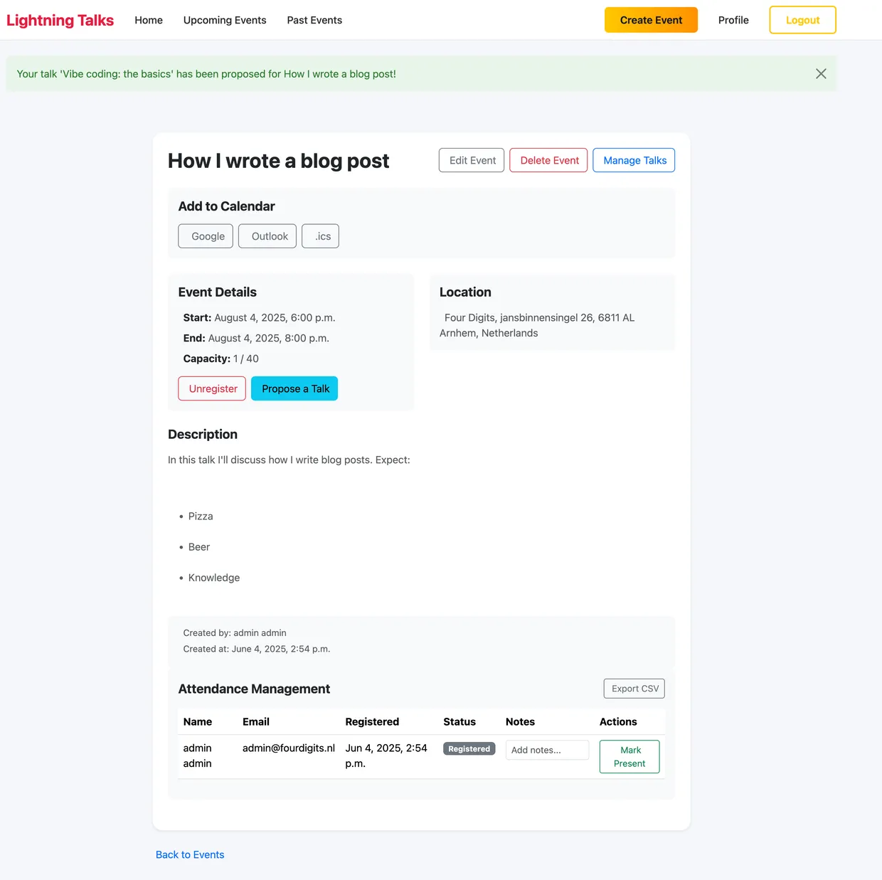 Screenshot of the Lighting Talks platform, generated with Cursor