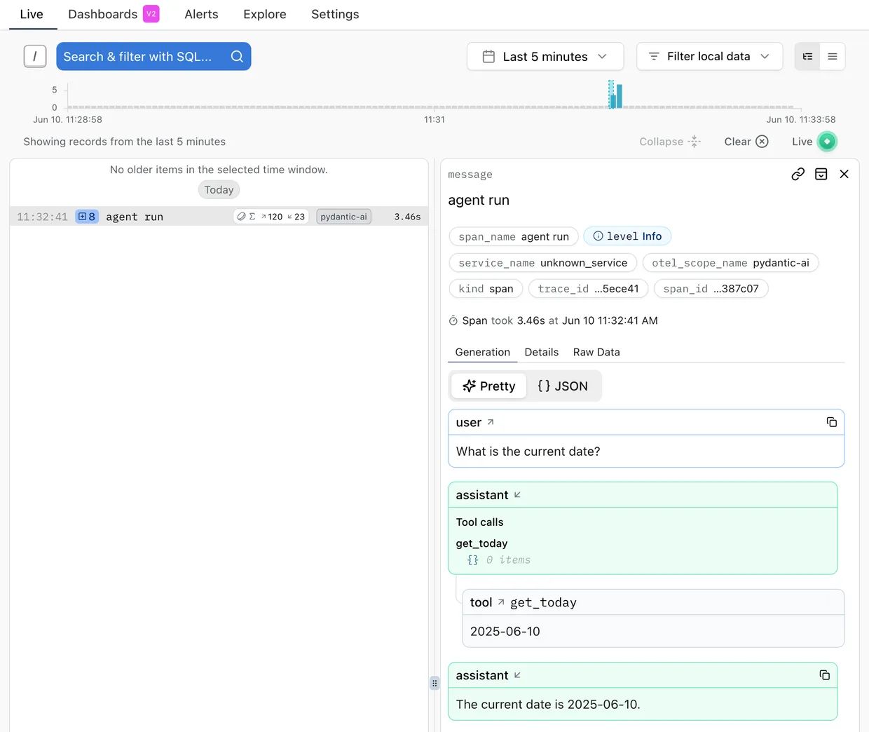 A screenshot of Logfire showing traces of a prompt