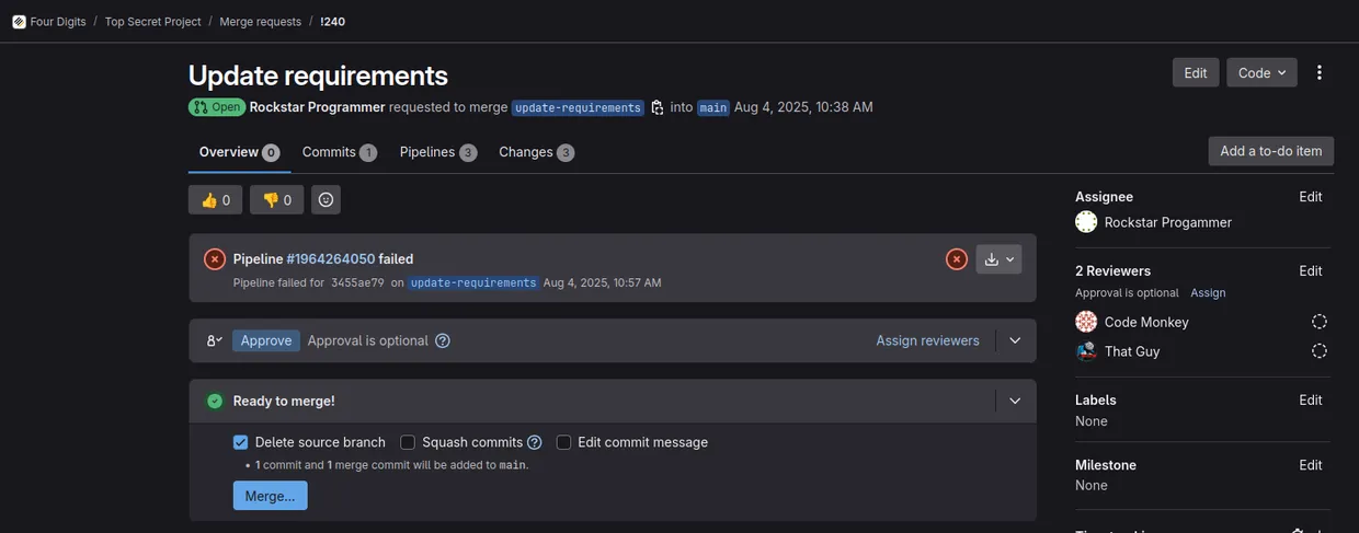 Merge Request in Gitlab with failed tests