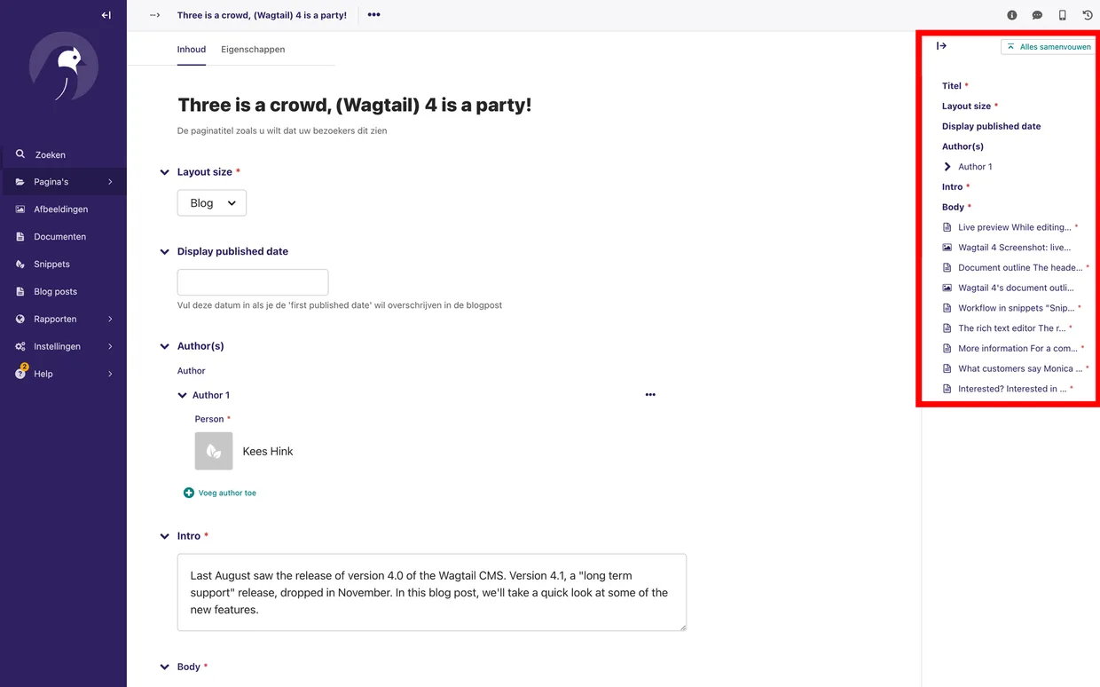 Wagtail 4's document outline