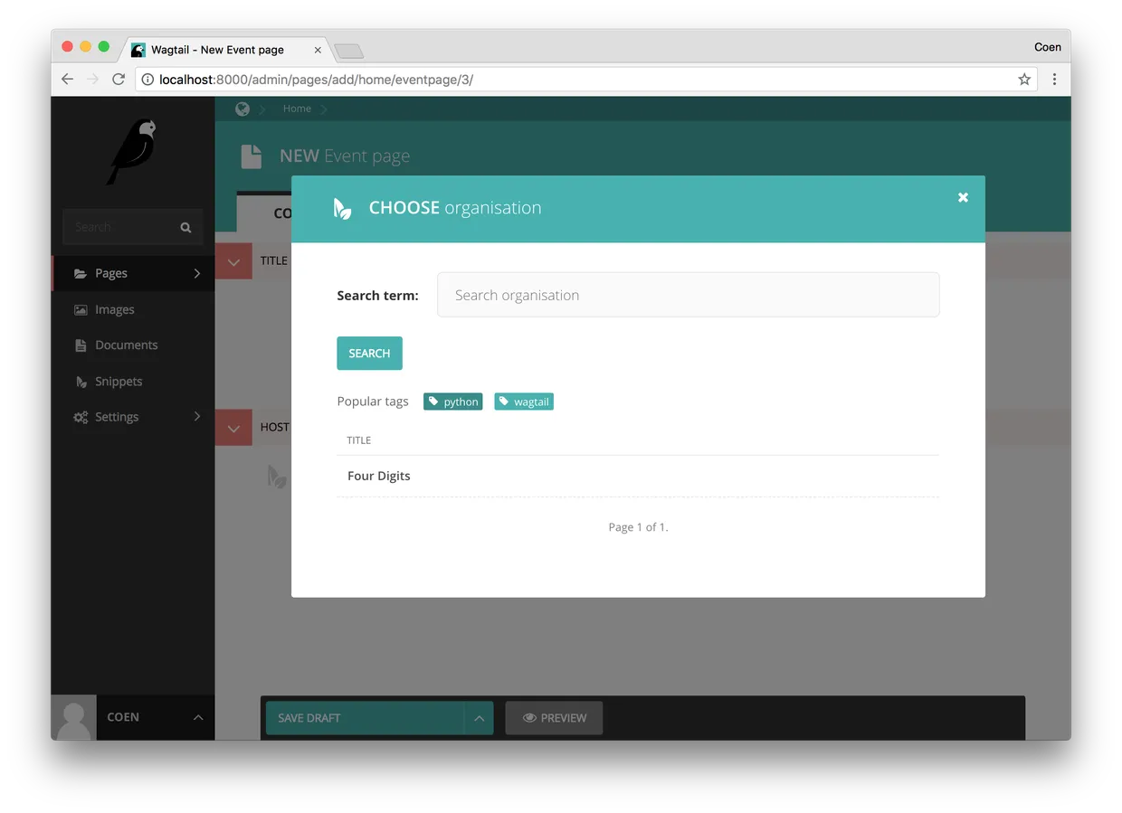 "Filter Organisations by tag in our custom SnippetChooser"