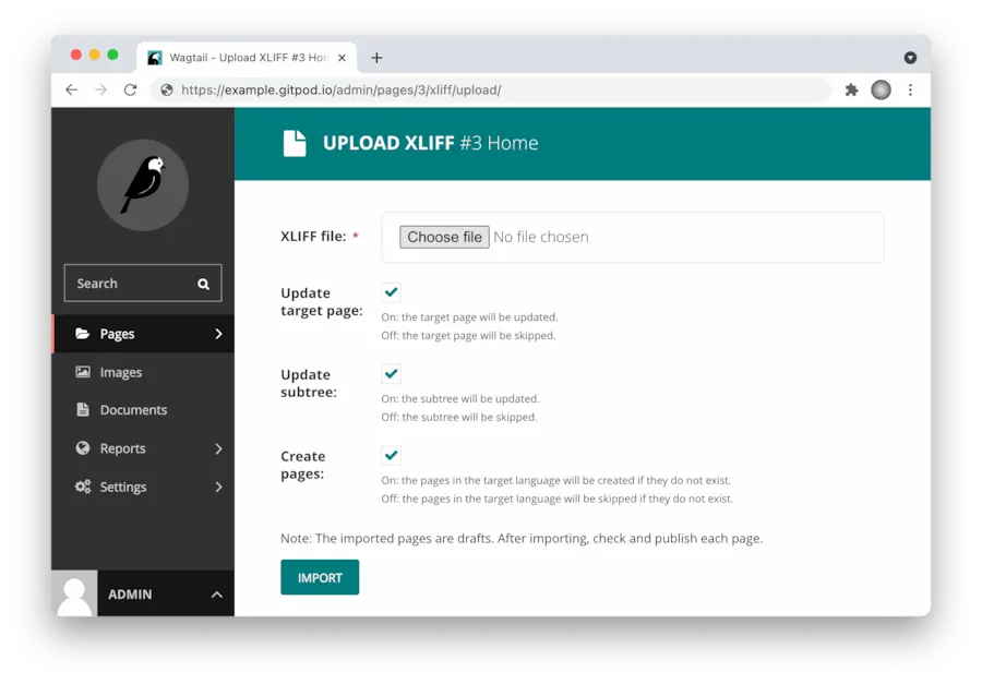 "Screenshot of Wagtail XLIFF Translation upload"