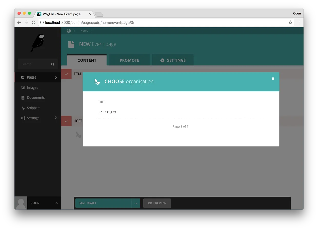 "Create an EventPage and choose a Organisation Snippet"