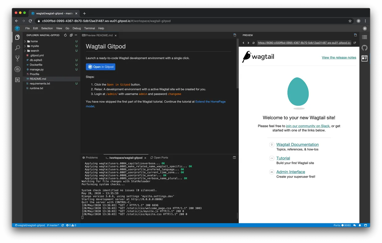 Wagtail Gitpod screenshot