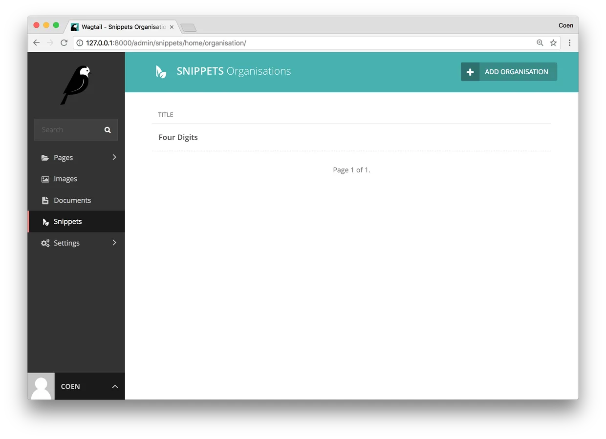 "Wagtail Organisation Snippet"