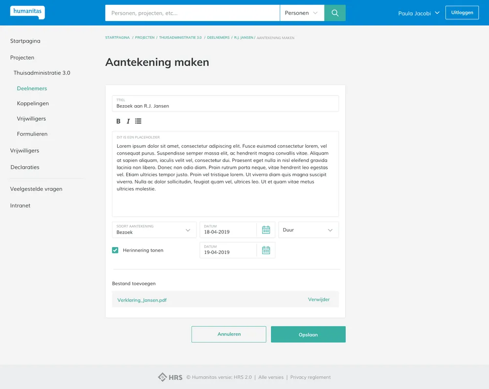 Creating a note in HRS