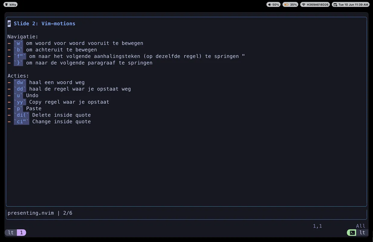 Screenshot of slide in Vim-motions about the shortcuts