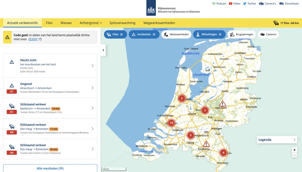 Een screenshot van de RWS verkeersinfo applicatie