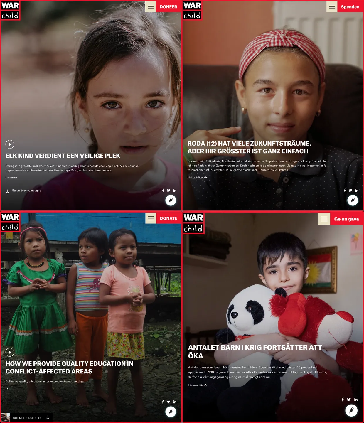 Schermafbeelding van vier War Child websites