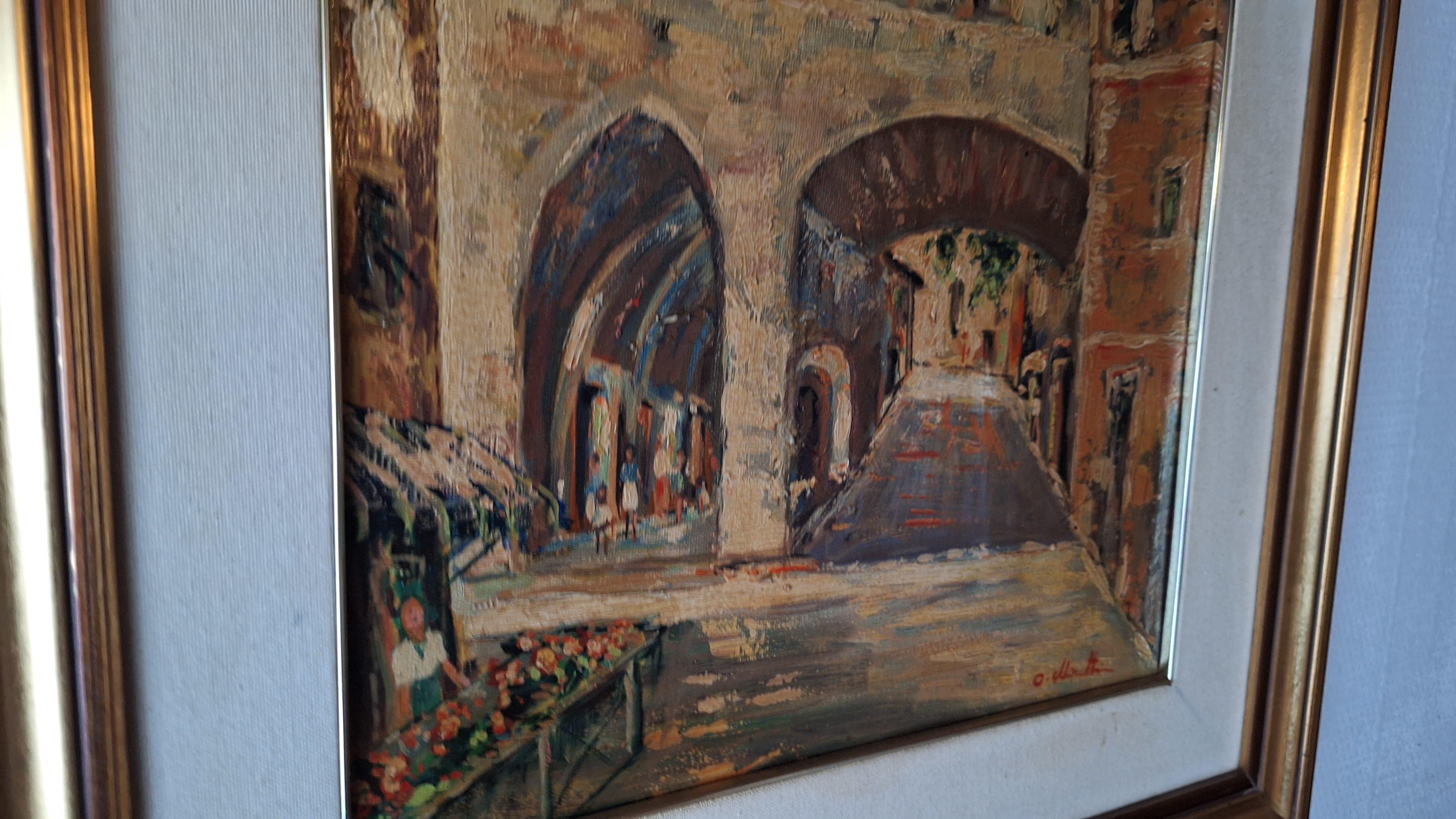 Schilderij Olieverf op doek, mediterraan stadsgezicht met grote boog, gesigneerd met certificaat – foto 3 – kavel bij Goeiendeal, Houthalen-Helchteren
