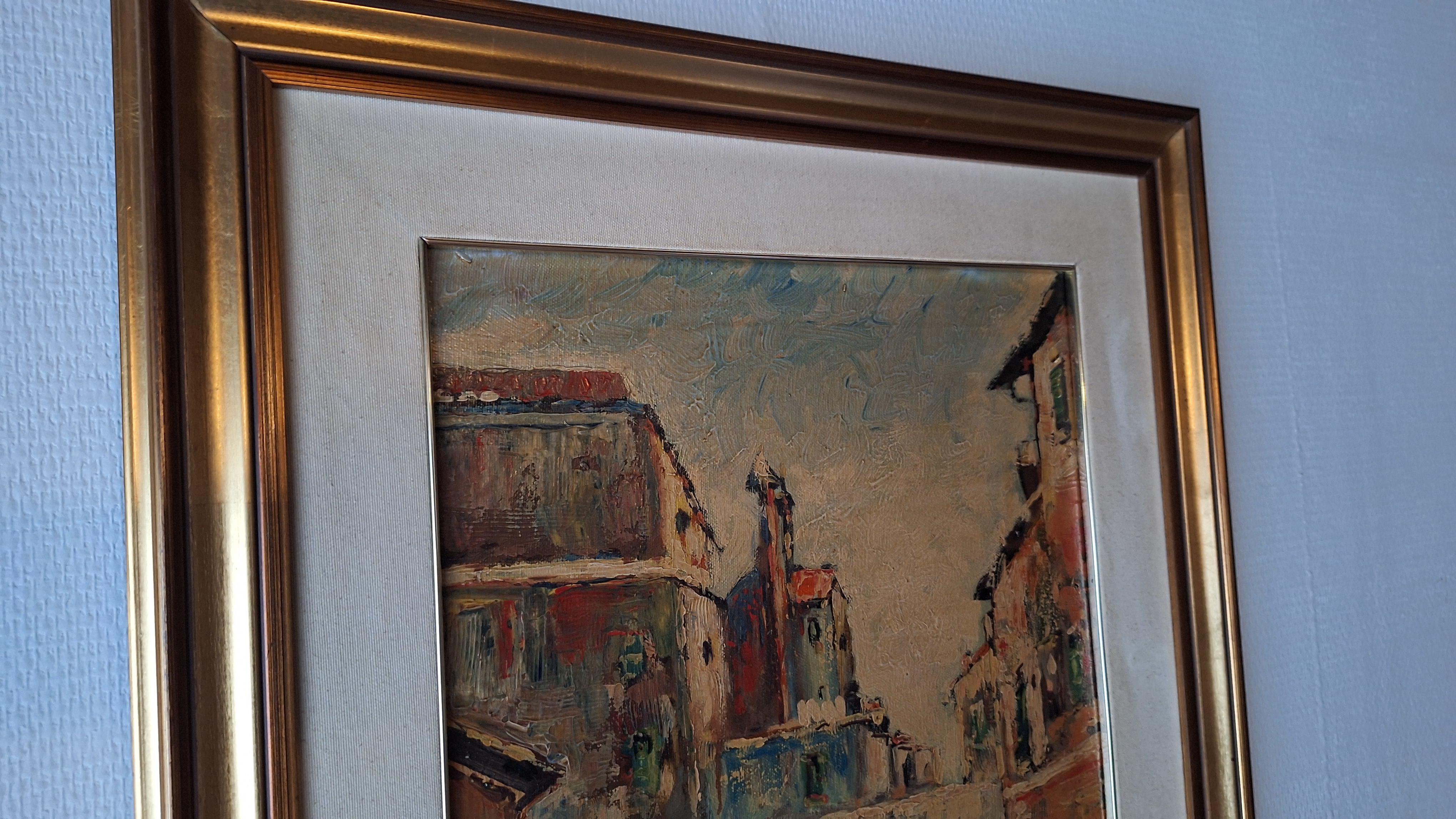 Schilderij Olieverf op doek, mediterraan stadsgezicht met grote boog, gesigneerd met certificaat – foto 4 – kavel bij Goeiendeal, Houthalen-Helchteren