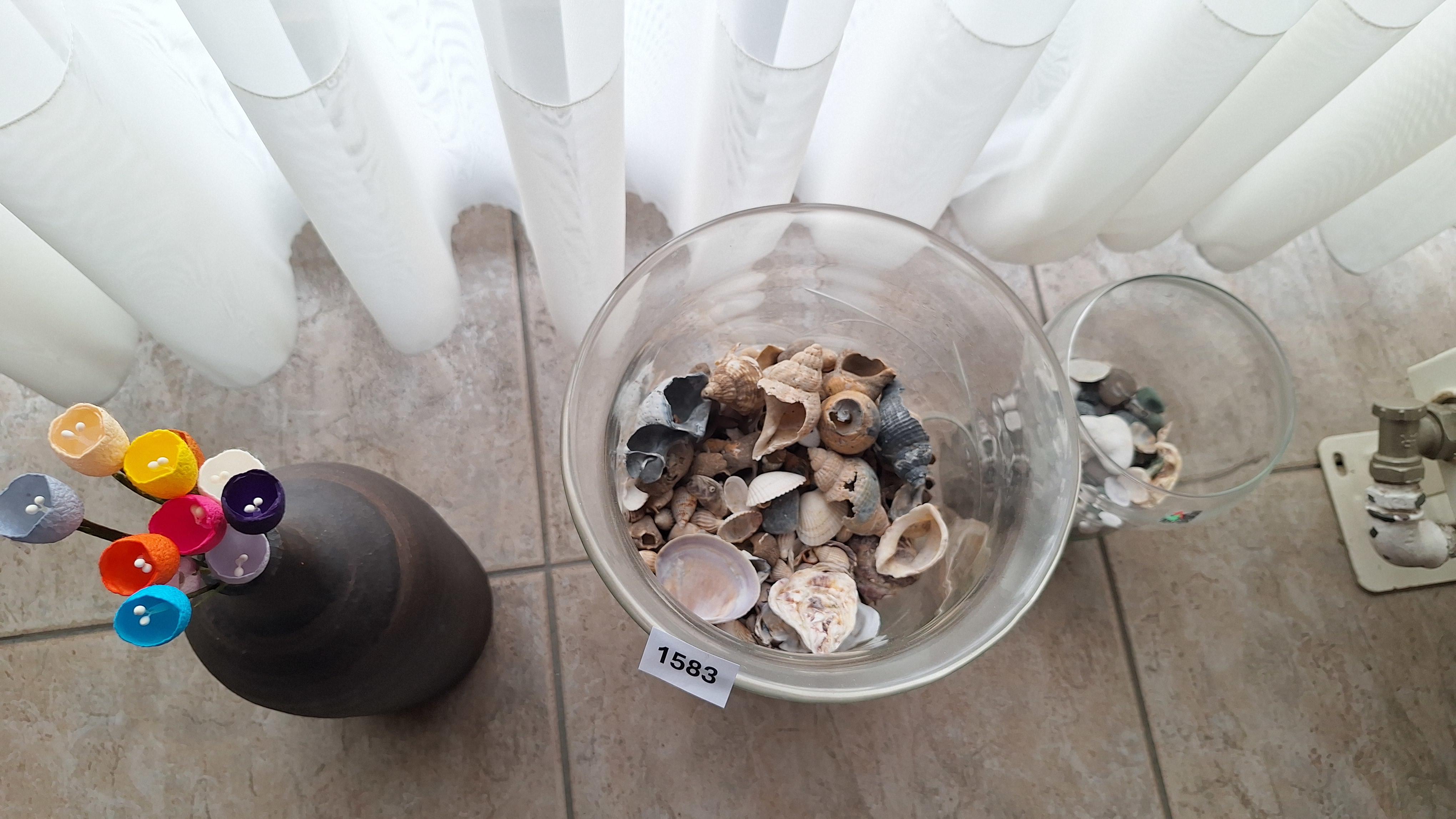 Set van 3 vazen waaronder twee glazen vazen gevuld met schelpen en steentjes, en een donkere vaas met decoratieve bloemen – foto 3 – kavel bij Goeiendeal, Houthalen-Helchteren