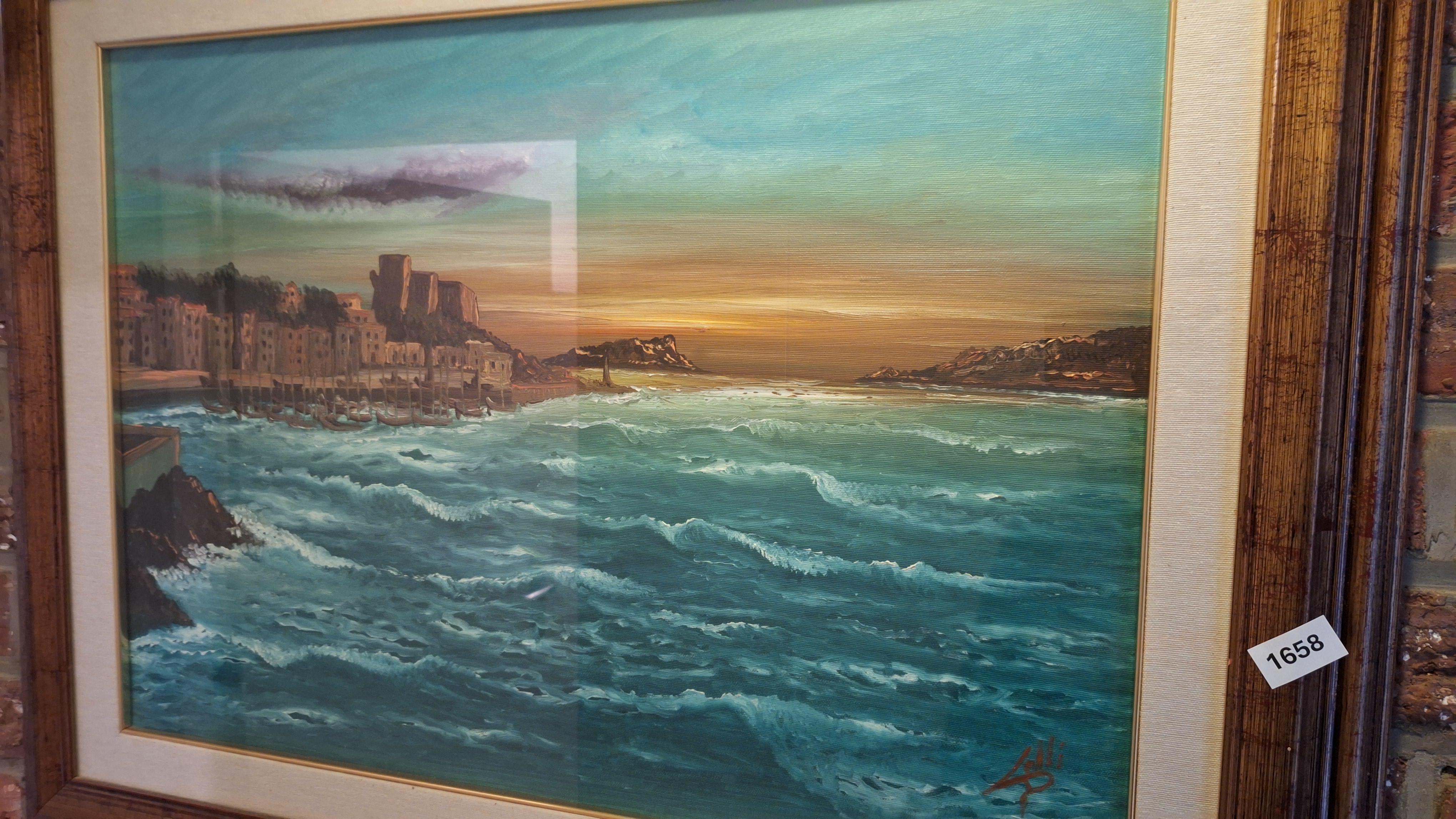 Schilderij met een zeescène bij zonsondergang getiteld 'Lerici (Tramonto)' door A. Lolli, inclusief garantiecertificaat op de achterzijde – foto 3 – kavel bij Goeiendeal, Houthalen
