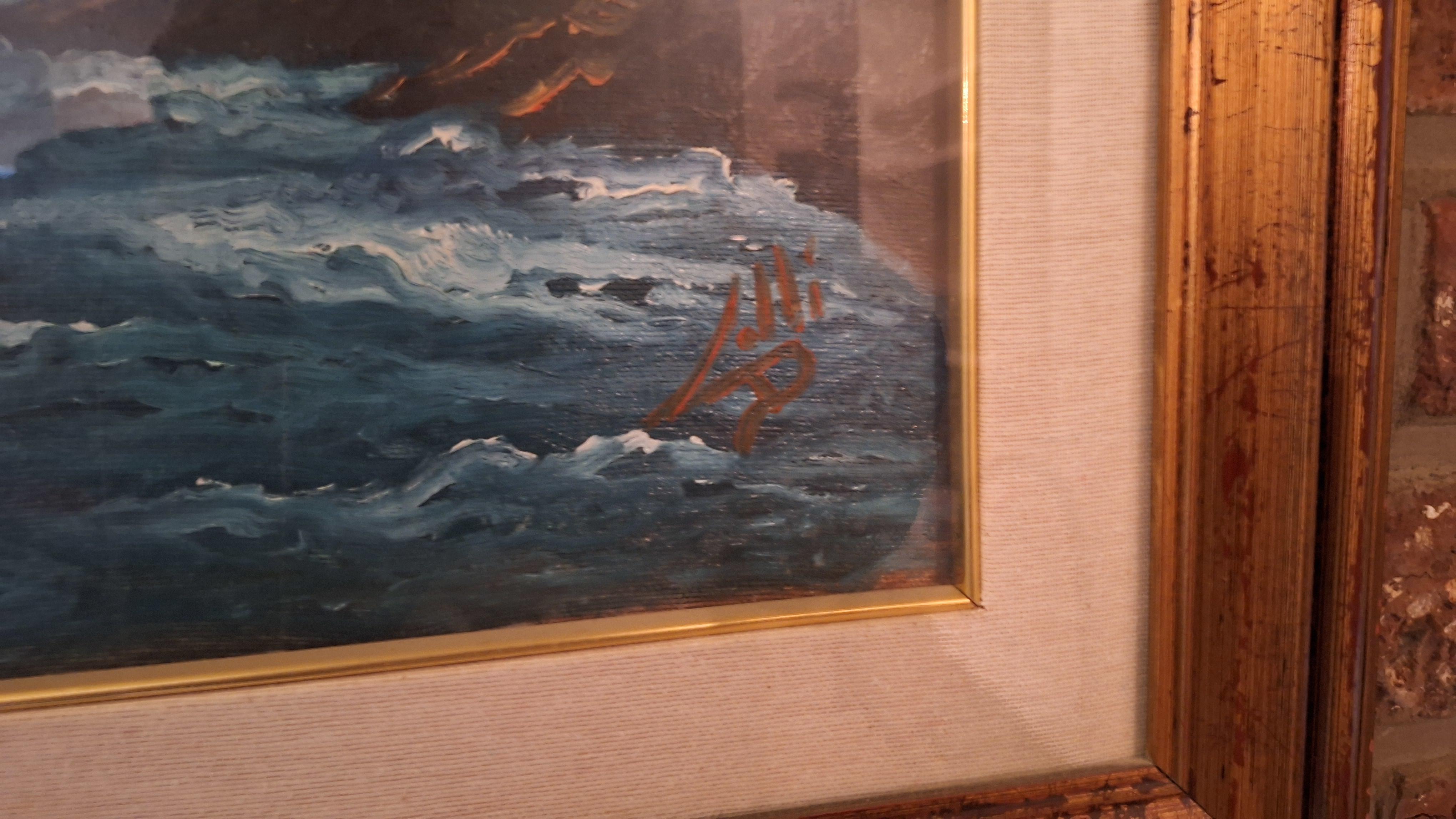 Schilderij met een ruwe zee en kustlijn getiteld 'Portovenere (Tramonto)' door A. Lolli, inclusief garantiecertificaat op de achterzijd – foto 2 – kavel bij Goeiendeal, Houthalen-H