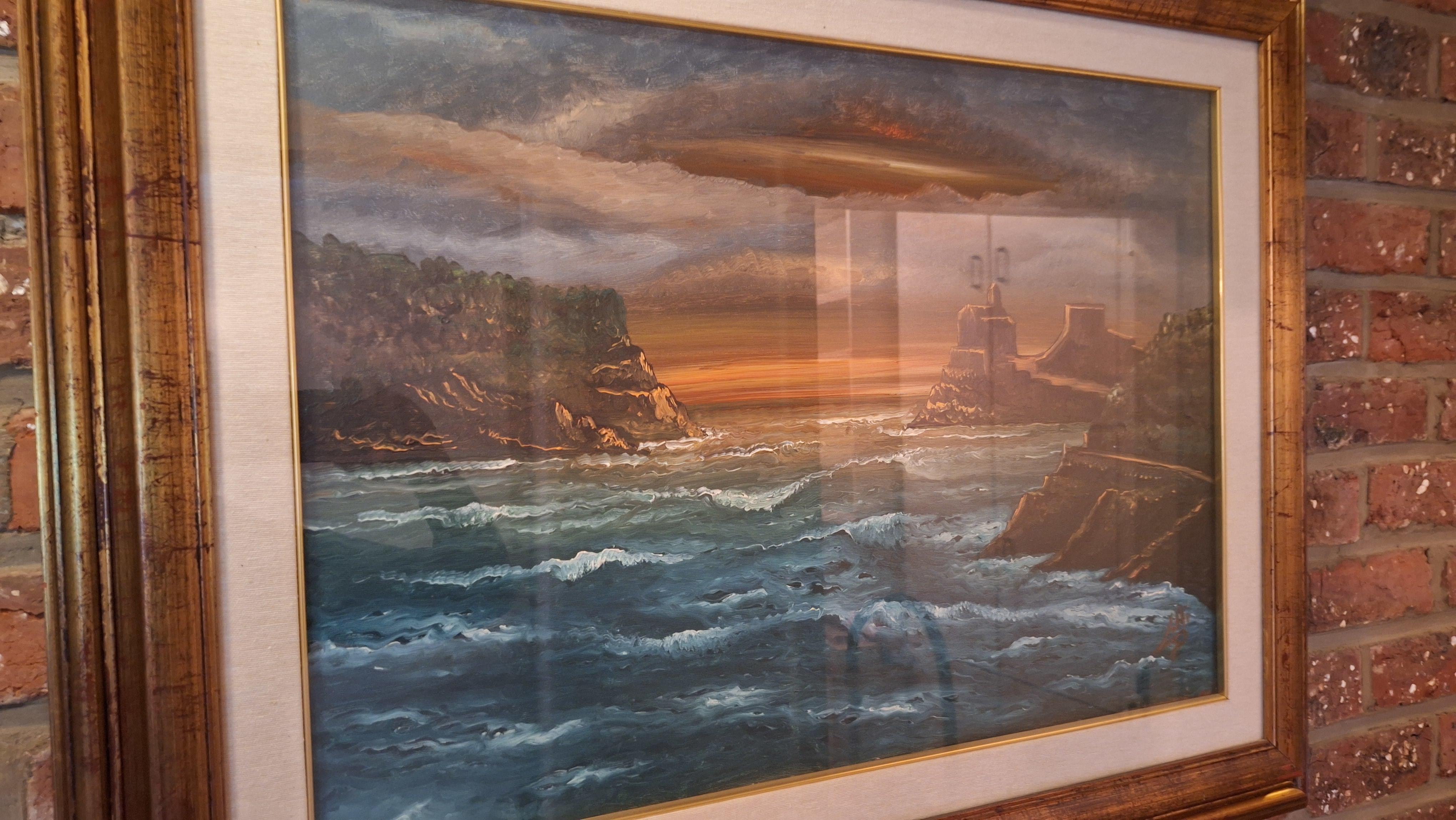 Schilderij met een ruwe zee en kustlijn getiteld 'Portovenere (Tramonto)' door A. Lolli, inclusief garantiecertificaat op de achterzijd – foto 3 – kavel bij Goeiendeal, Houthalen-H