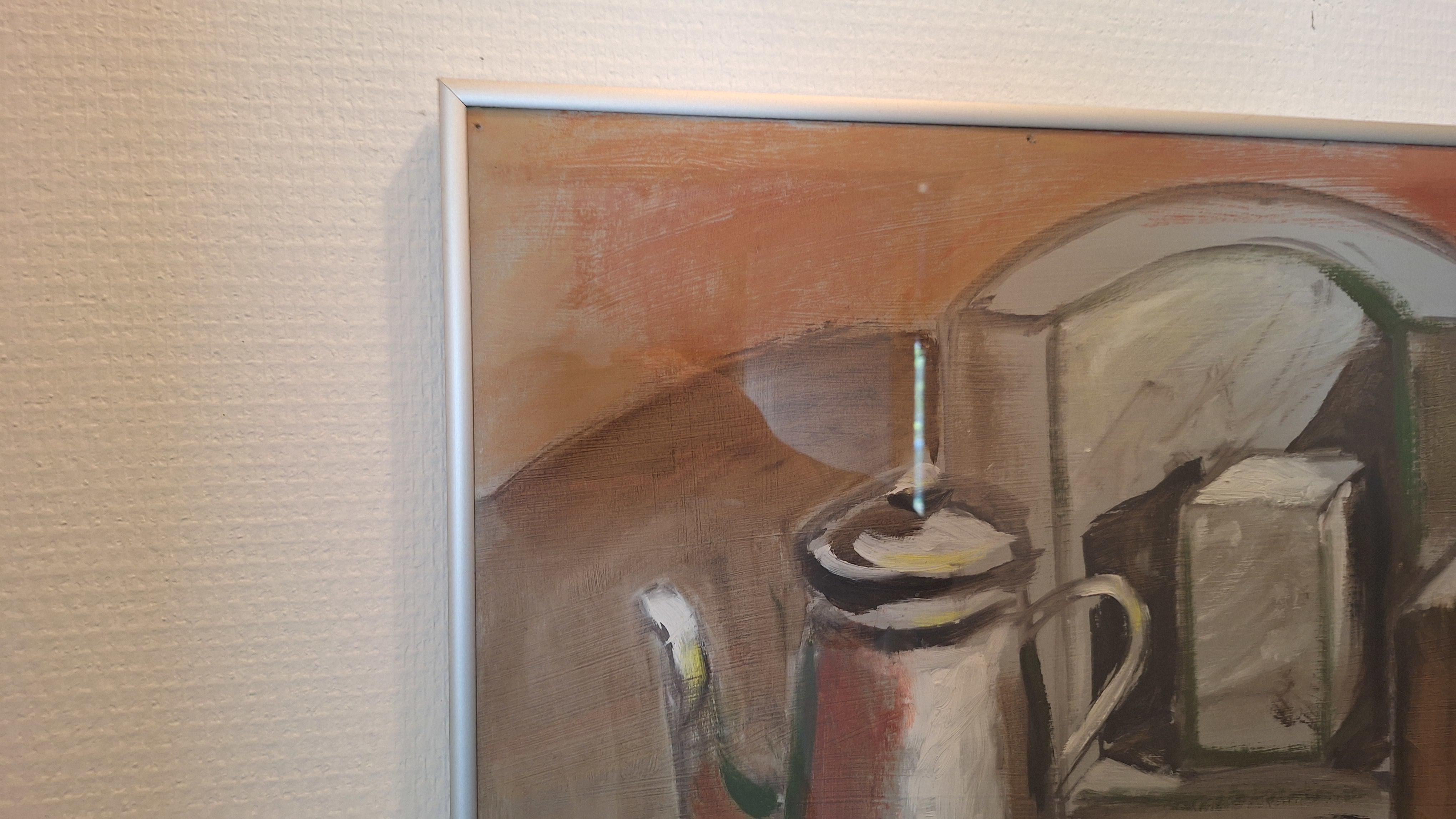 Stilleven schilderij van een koffiekan en bekers in een aluminium lijst – foto 3 – kavel bij Goeiendeal, Houthalen-Helchteren