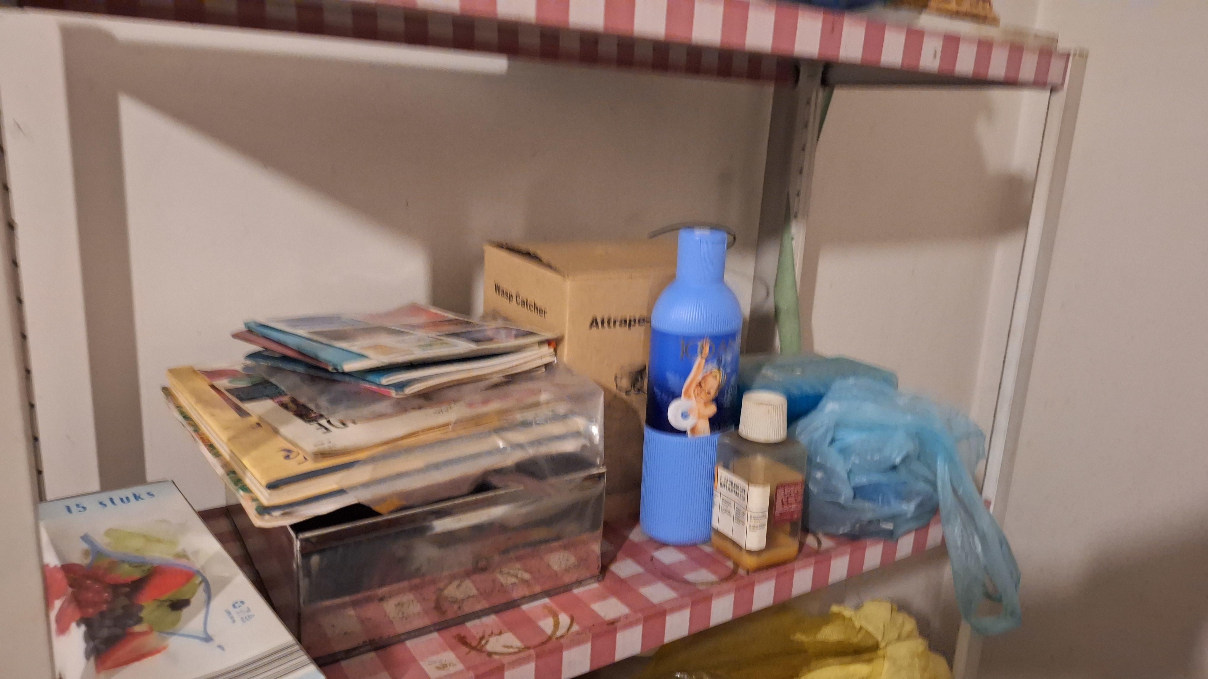 Inhoud van een stellingkast bestaande uit diverse schoonmaakproducten, glazen, pannen en keukenrol – foto 4 – kavel bij Goeiendeal, Houthalen-Helchteren