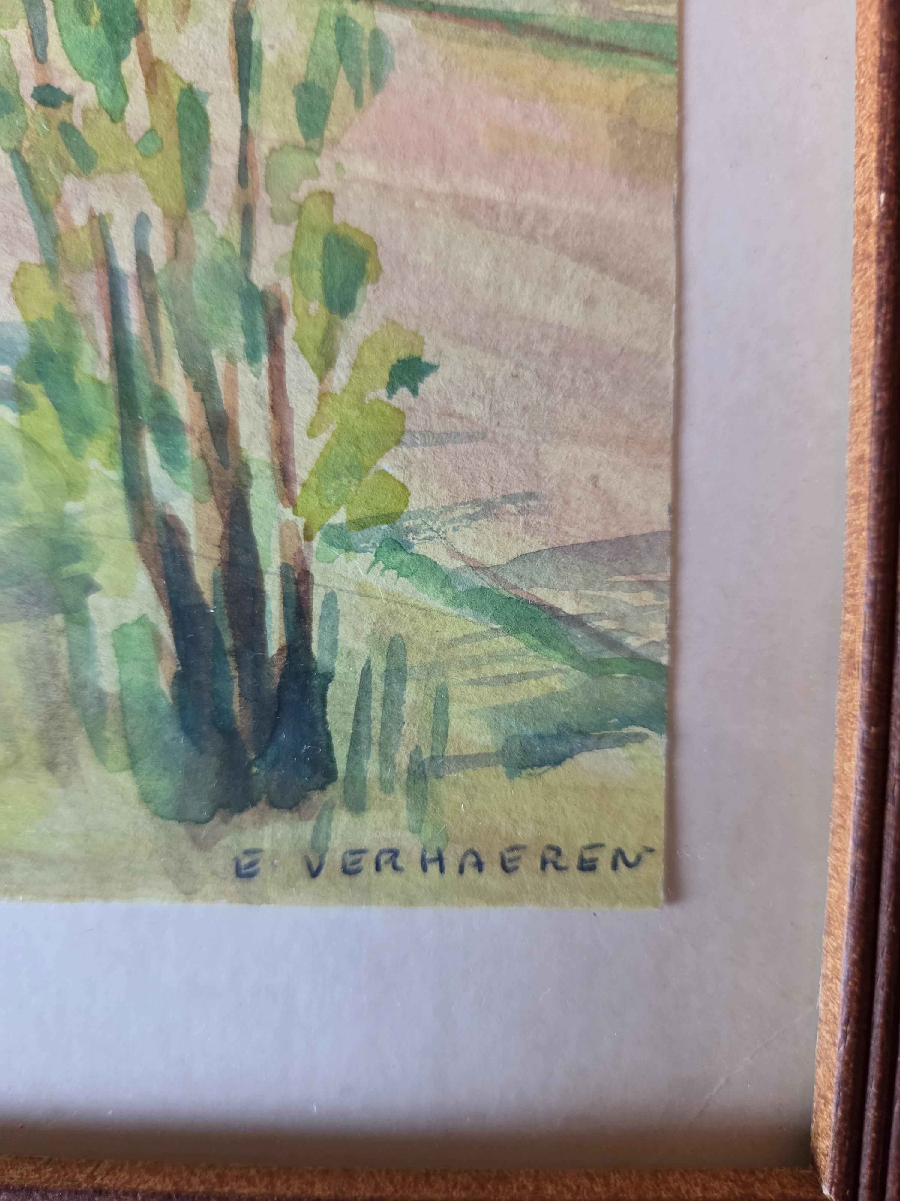 Schilderij, aquarel met een landschap met drie bomen, gesigneerd E. Verhaeren lot 14 – foto 2 – kavel bij Goeiendeal, Jette