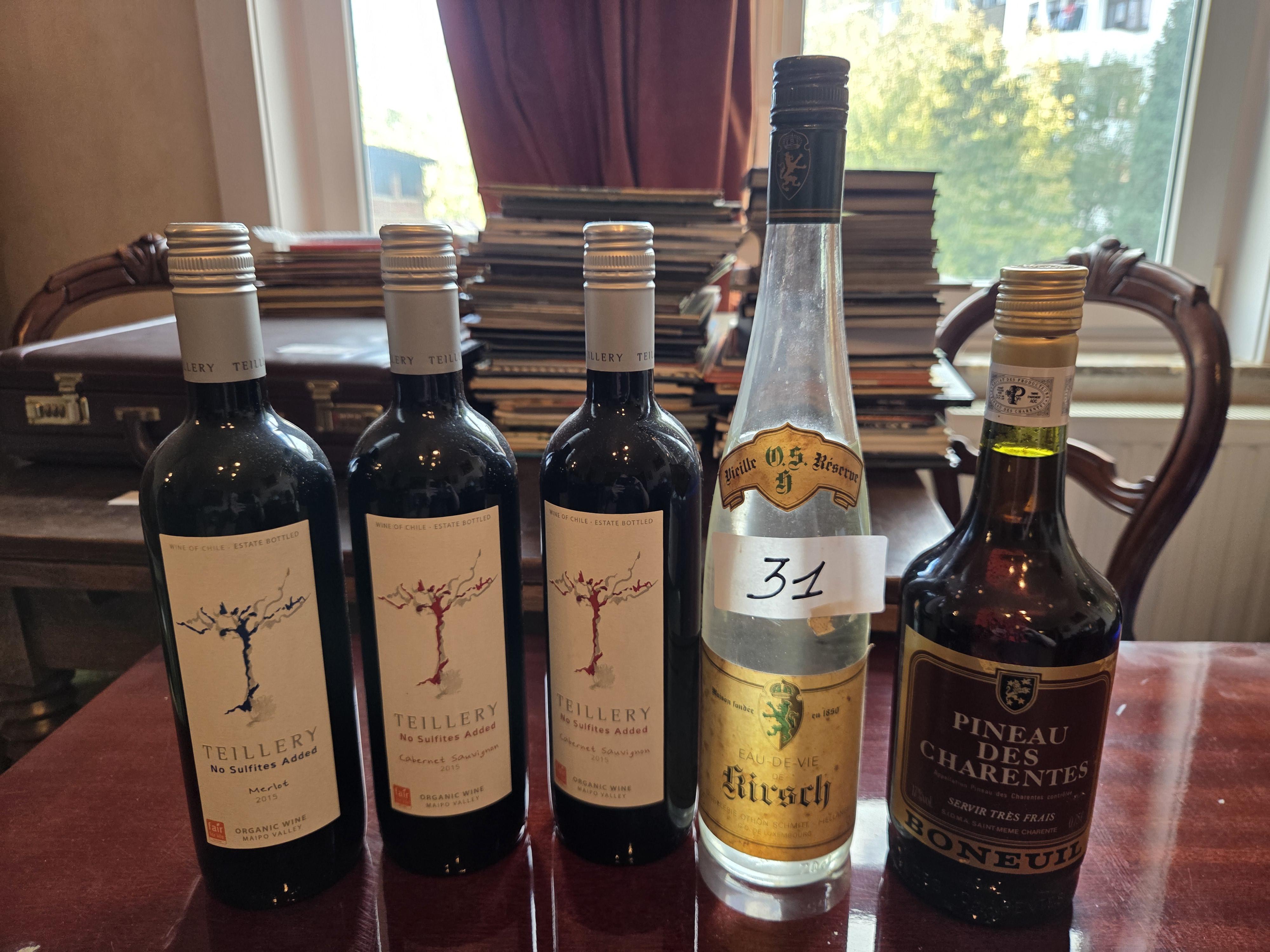 Lot van 5 diverse flessen drank waaronder Teillery biologische rode wijn, Eau-de-Vie de Kirsch en Pineau des Charentes lot 31 – foto 2 – kavel bij Goeiendeal, Jette