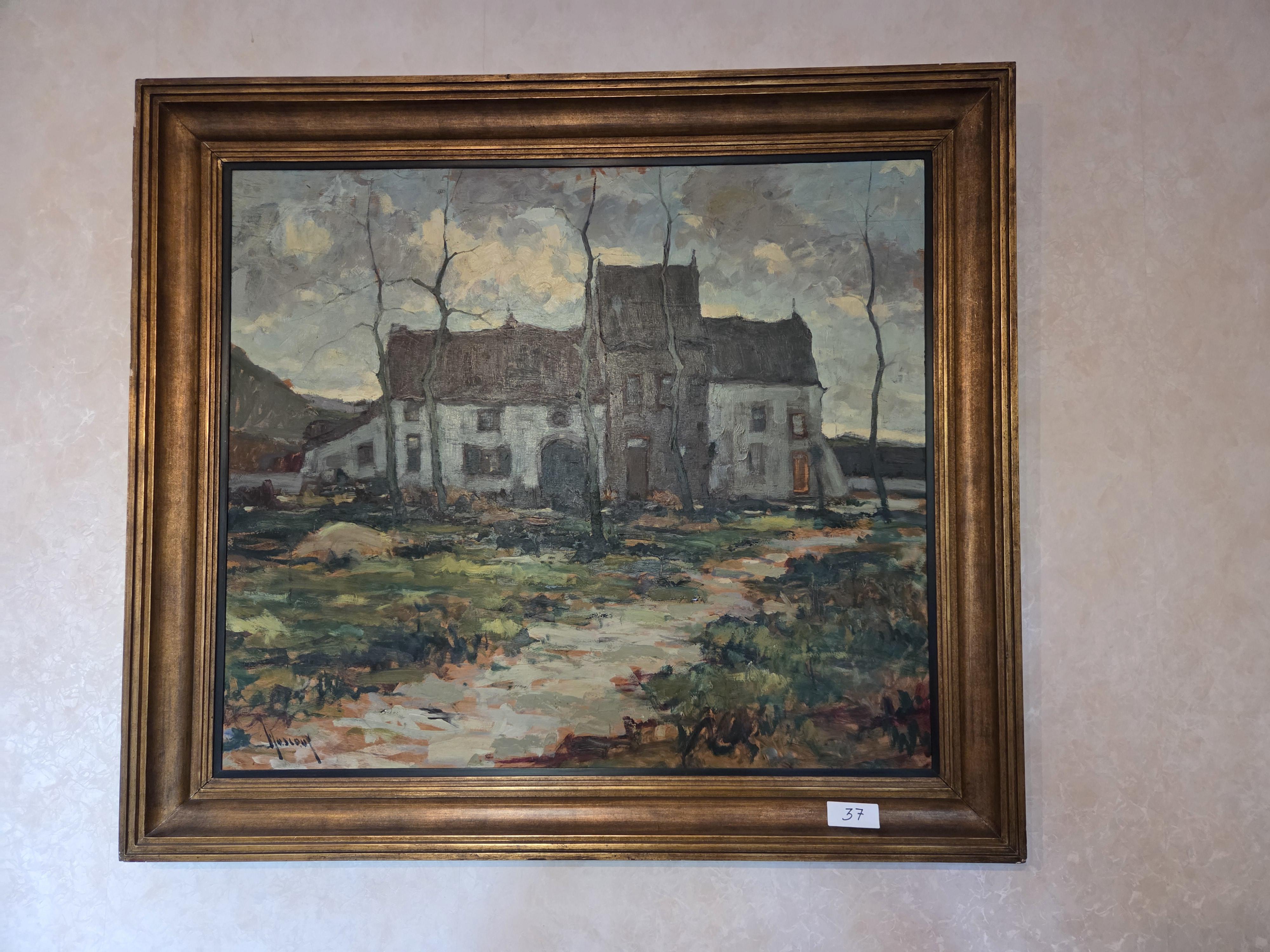 Schilderij, landschap met een hoeve / landhuis in goudkleurige kader, gesigneerd J. Verbruggen lot 37 – kavel bij Goeiendeal, Jette