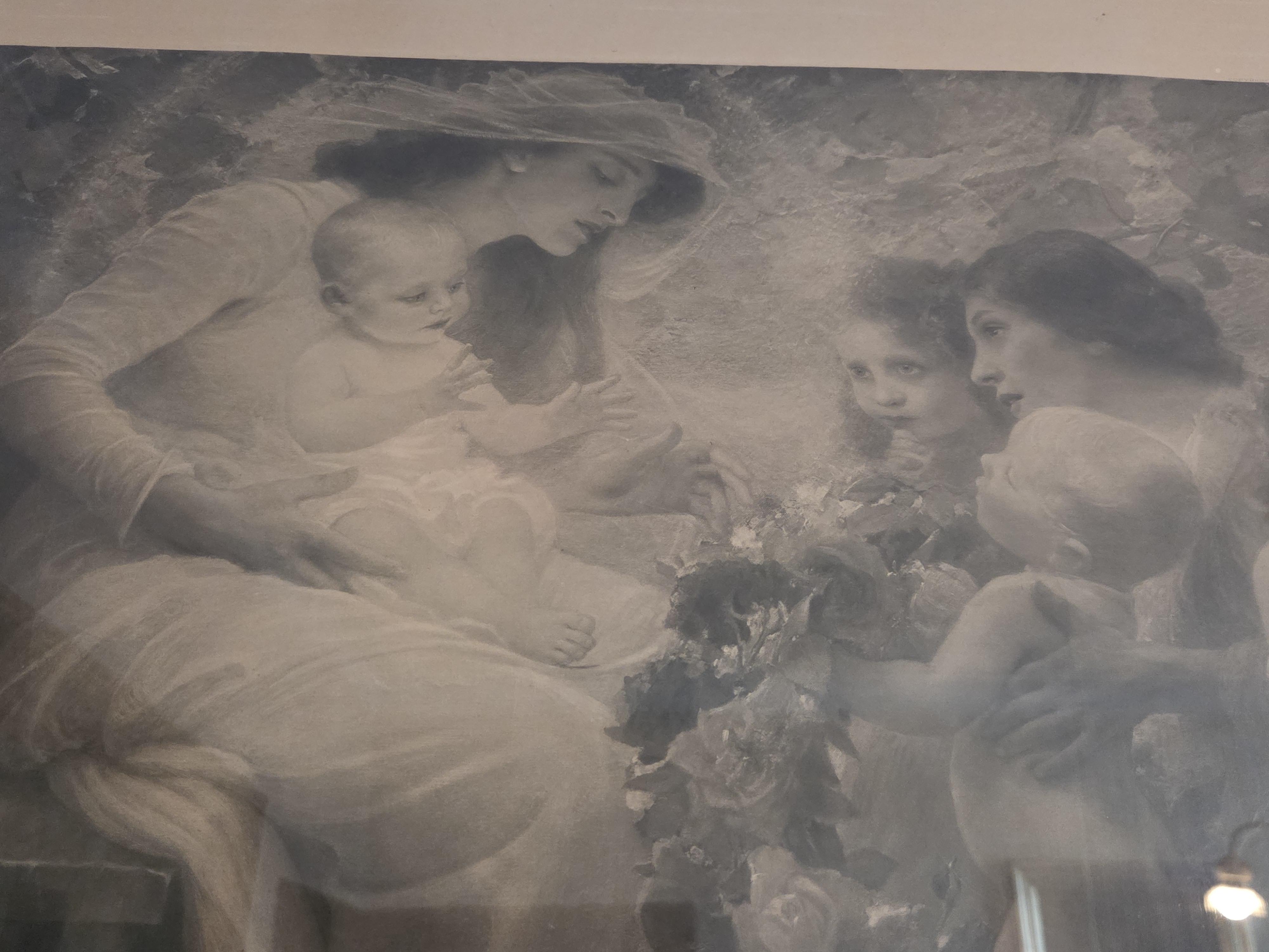 Ingekaderde zwart-wit prent getiteld "Adoration" met een afbeelding van een moeder, kind en engelen lot 38 – foto 3 – kavel bij Goeiendeal, Jette