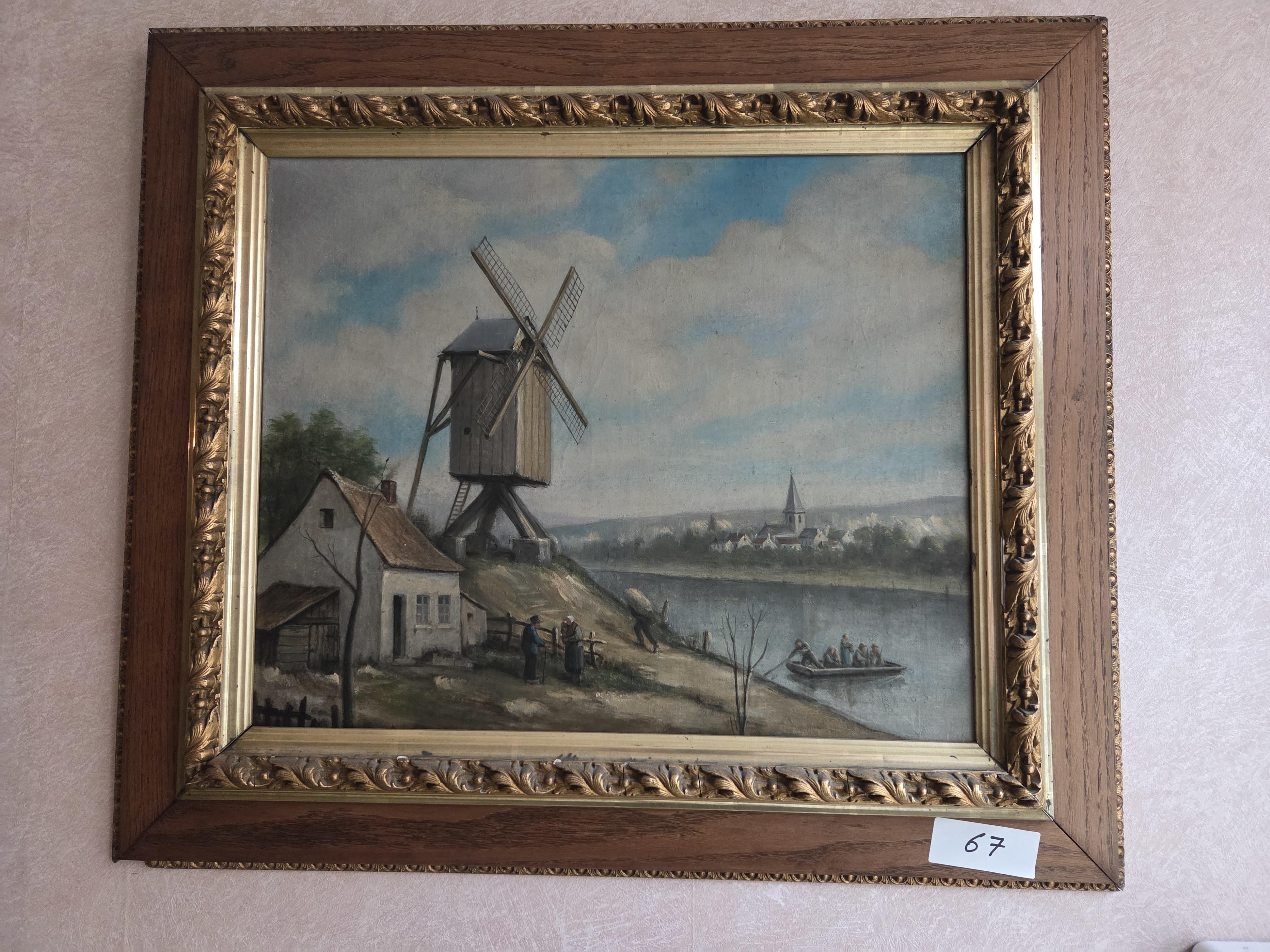 Schilderij, rivierlandschap met een grote windmolen, huisje, figuren en een bootje in goudkleurige kader lot 67 – kavel bij Goeiendeal, Jette