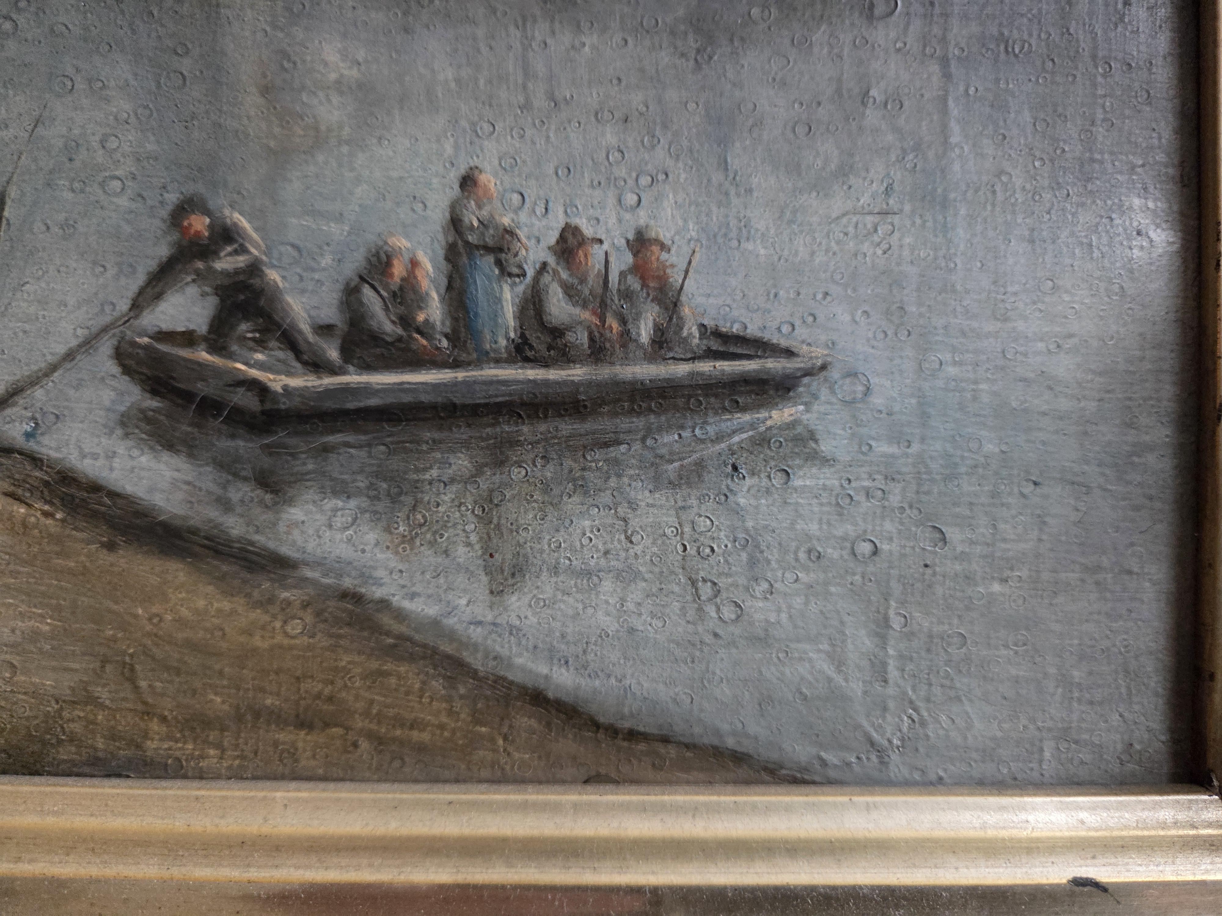 Schilderij, rivierlandschap met een grote windmolen, huisje, figuren en een bootje in goudkleurige kader lot 67 – foto 2 – kavel bij Goeiendeal, Jette