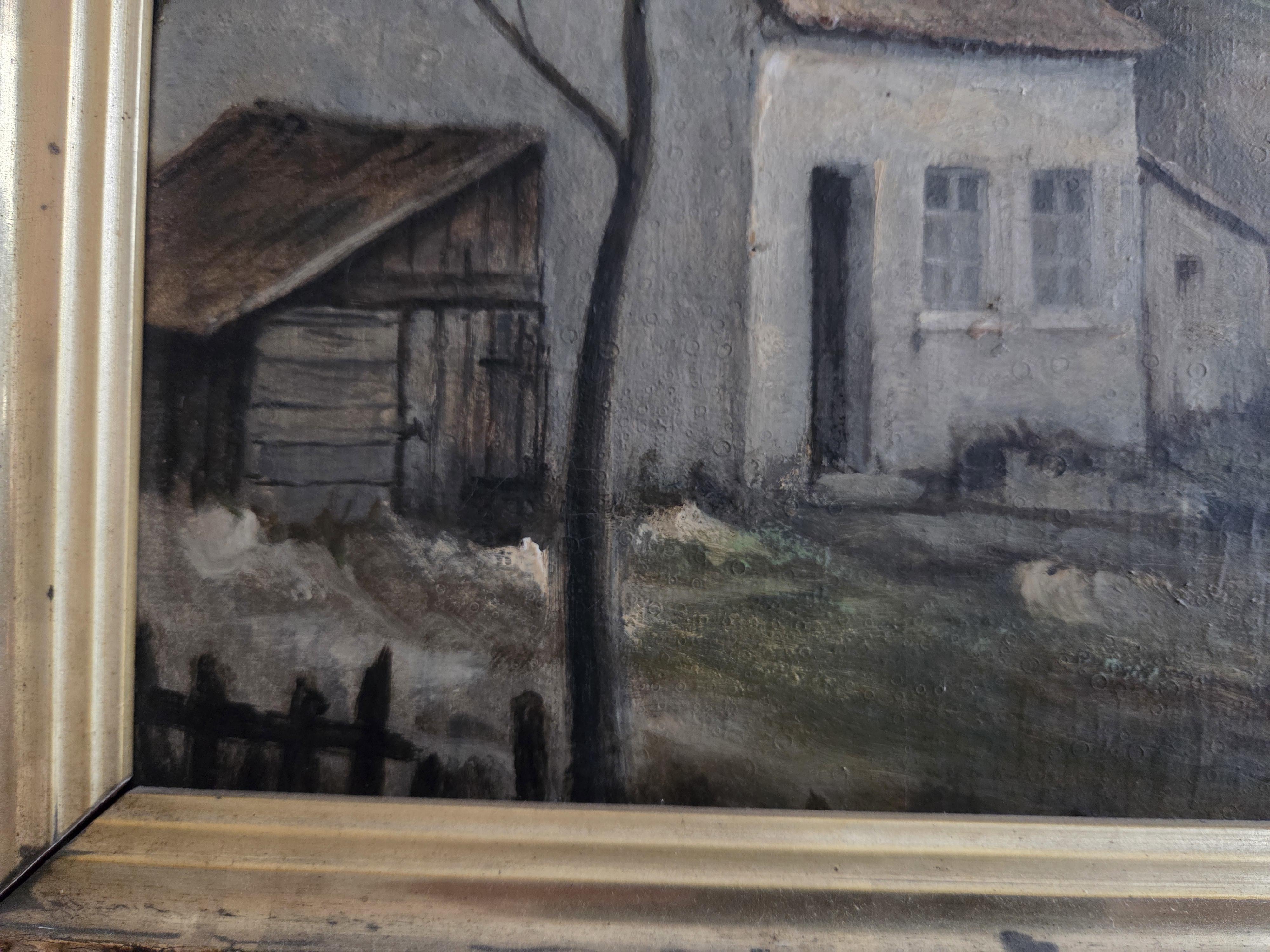 Schilderij, rivierlandschap met een grote windmolen, huisje, figuren en een bootje in goudkleurige kader lot 67 – foto 3 – kavel bij Goeiendeal, Jette
