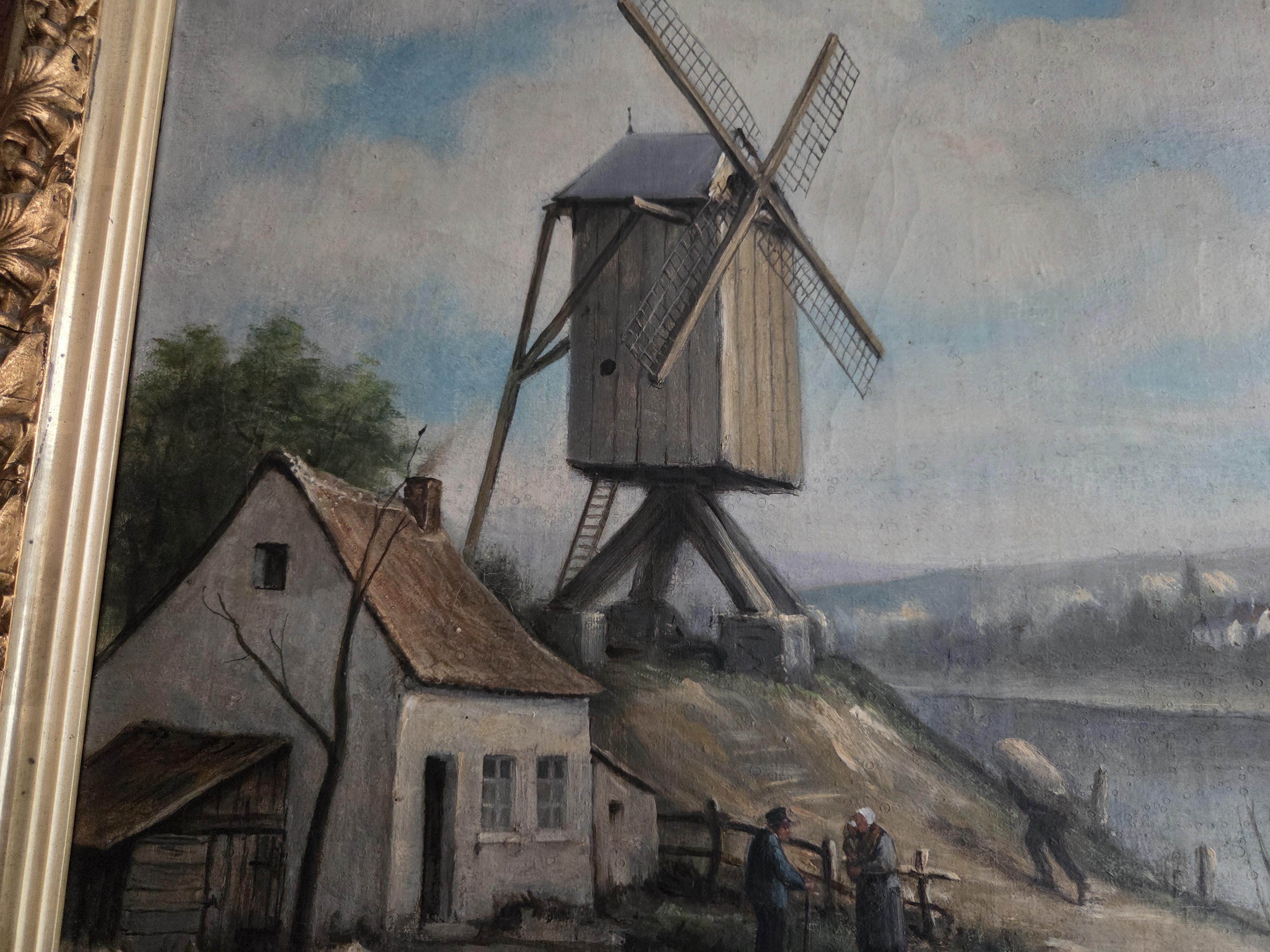 Schilderij, rivierlandschap met een grote windmolen, huisje, figuren en een bootje in goudkleurige kader lot 67 – foto 4 – kavel bij Goeiendeal, Jette