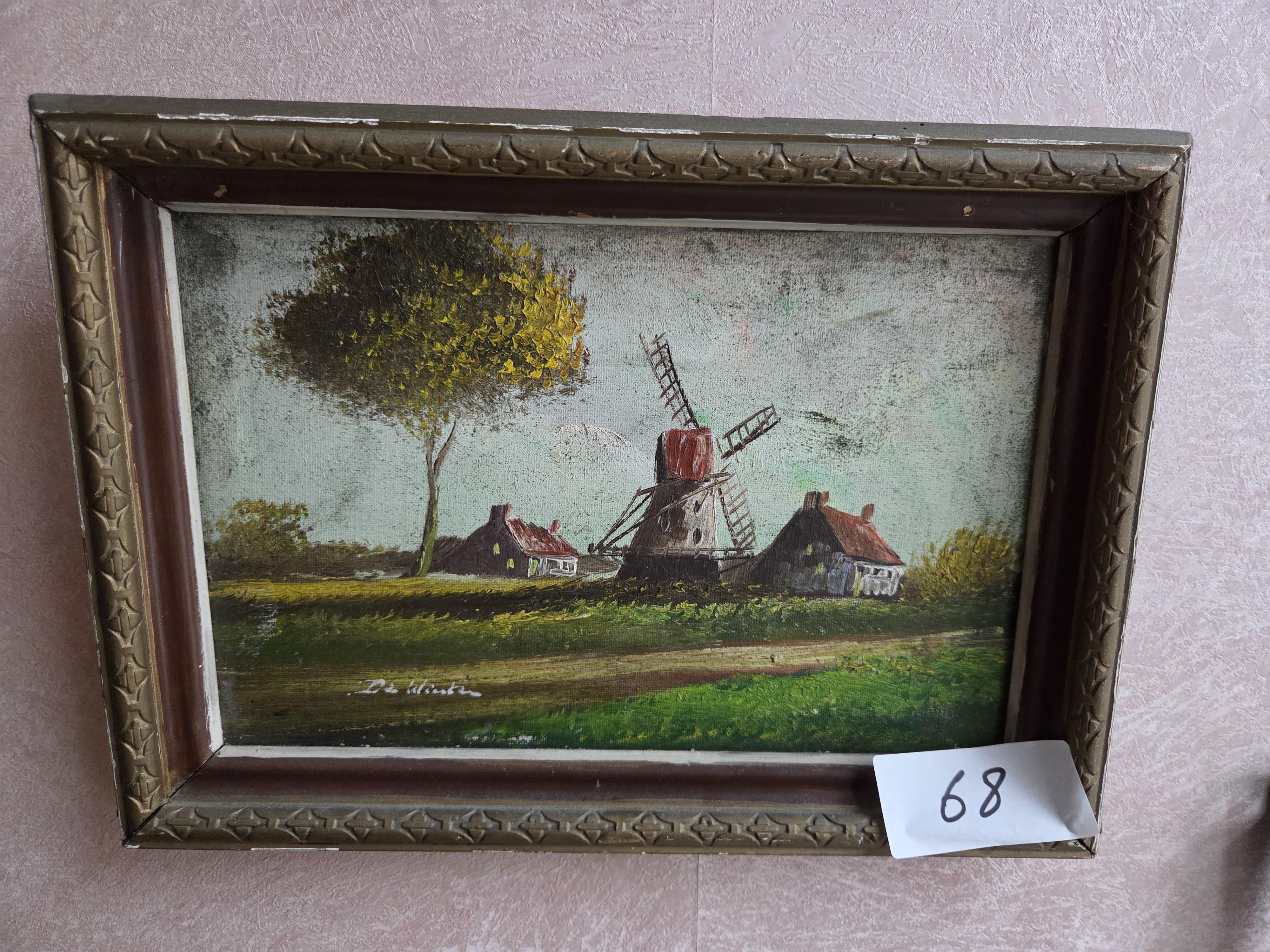 Schilderij, polderlandschap met een windmolen en hoeven, gesigneerd De Winter lot 68 – kavel bij Goeiendeal, Jette