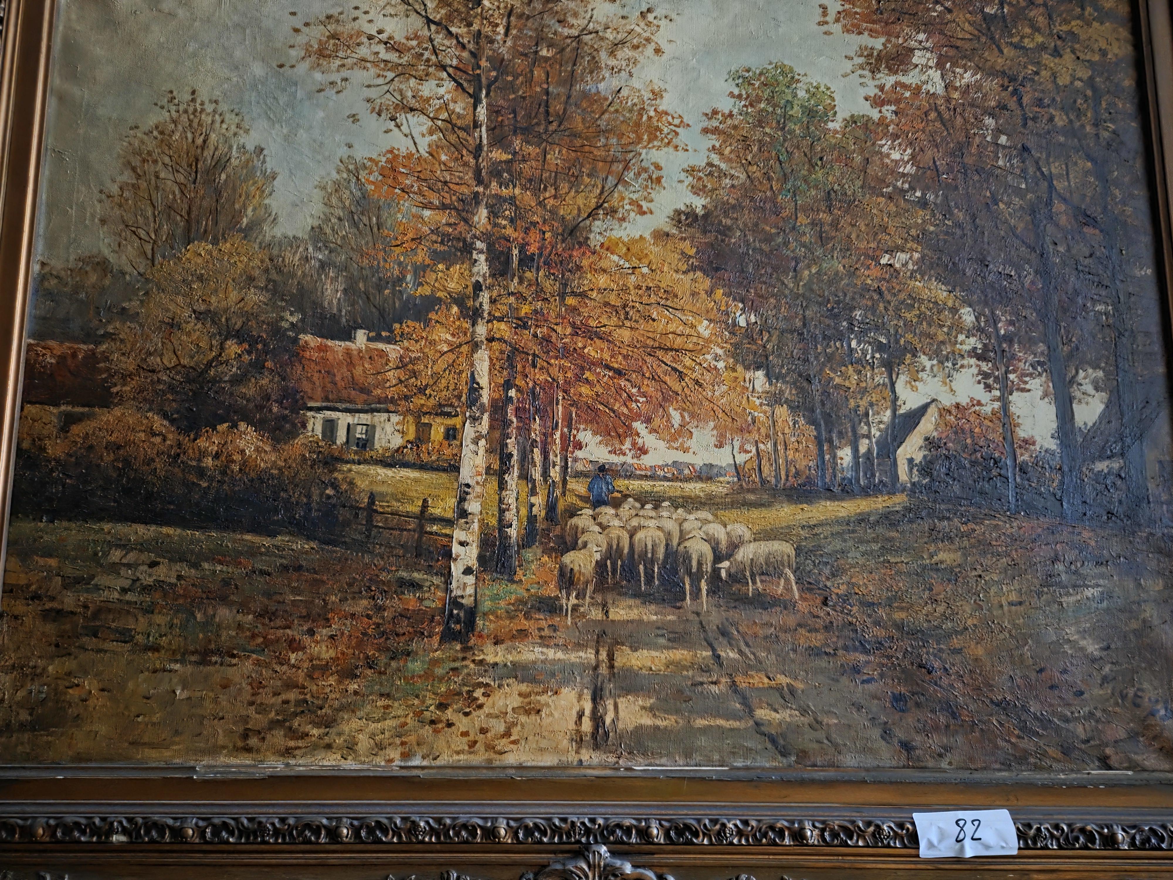 Schilderij, herfstlandschap met een kudde schapen en een herder op een zandweg in een rijk gedecoreerde barokke kader lot 82 – foto 2 – kavel bij Goeiendeal, Jette