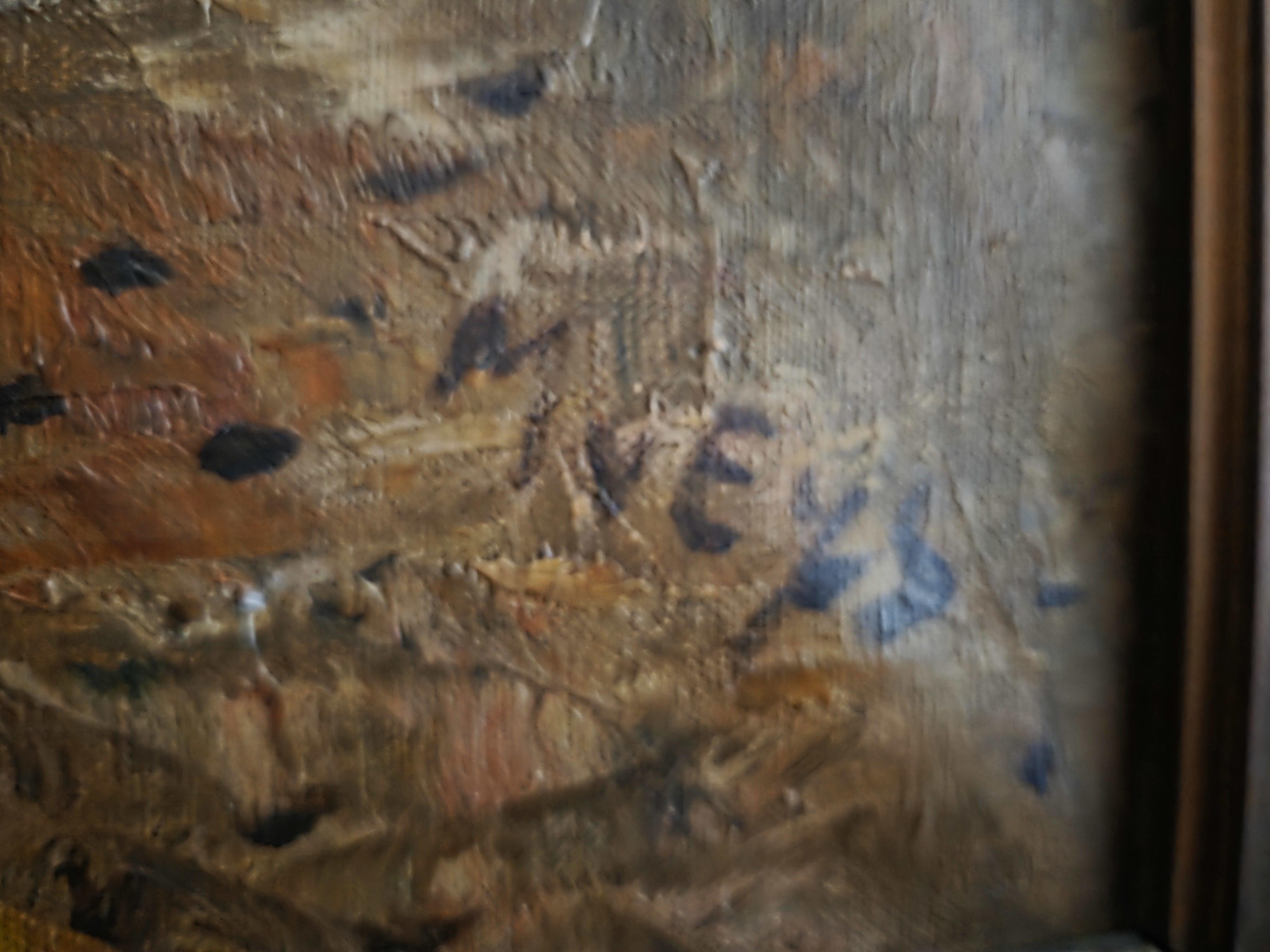 Schilderij, herfstlandschap met een kudde schapen en een herder op een zandweg in een rijk gedecoreerde barokke kader lot 82 – foto 3 – kavel bij Goeiendeal, Jette