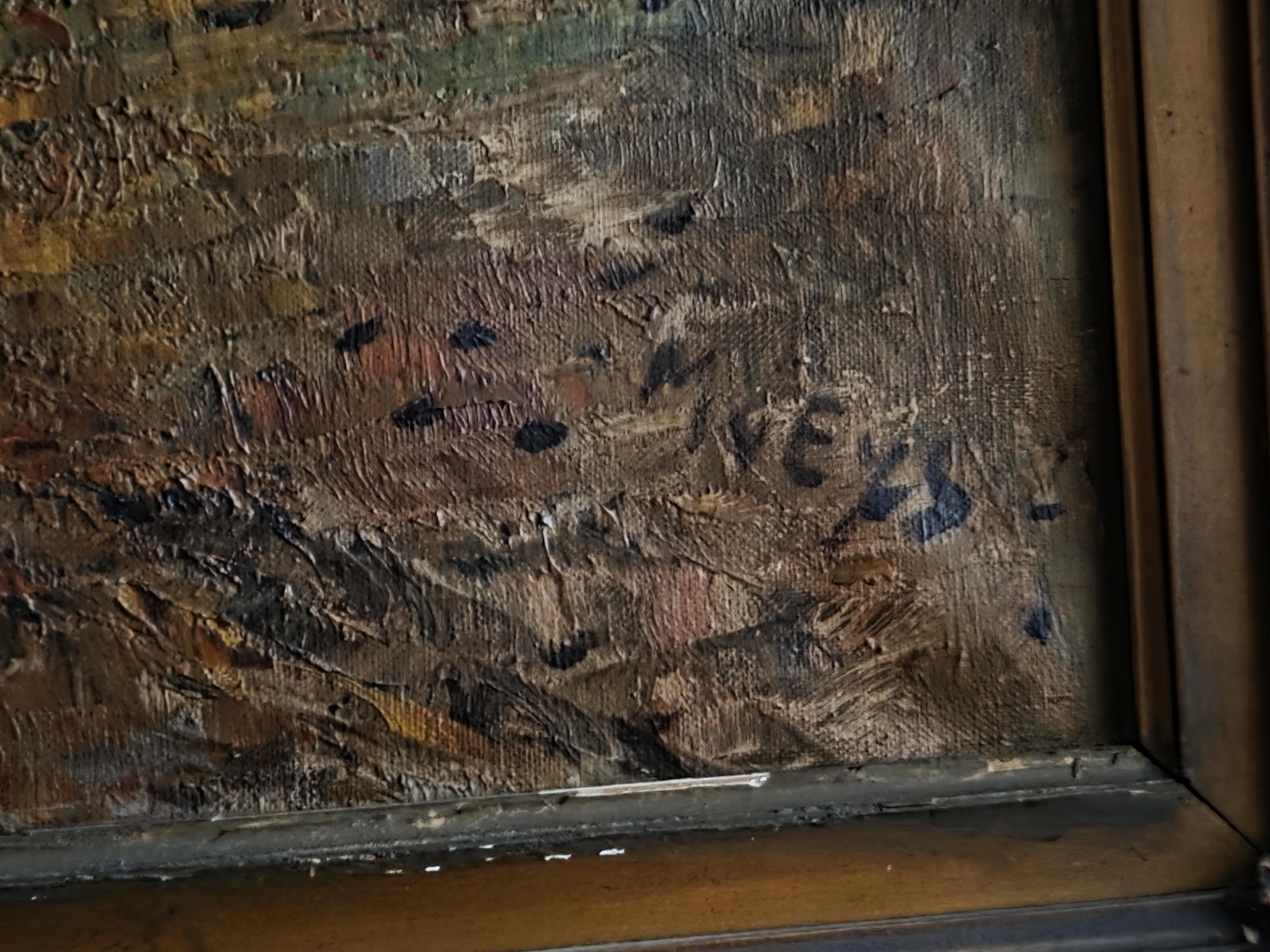Schilderij, herfstlandschap met een kudde schapen en een herder op een zandweg in een rijk gedecoreerde barokke kader lot 82 – foto 5 – kavel bij Goeiendeal, Jette
