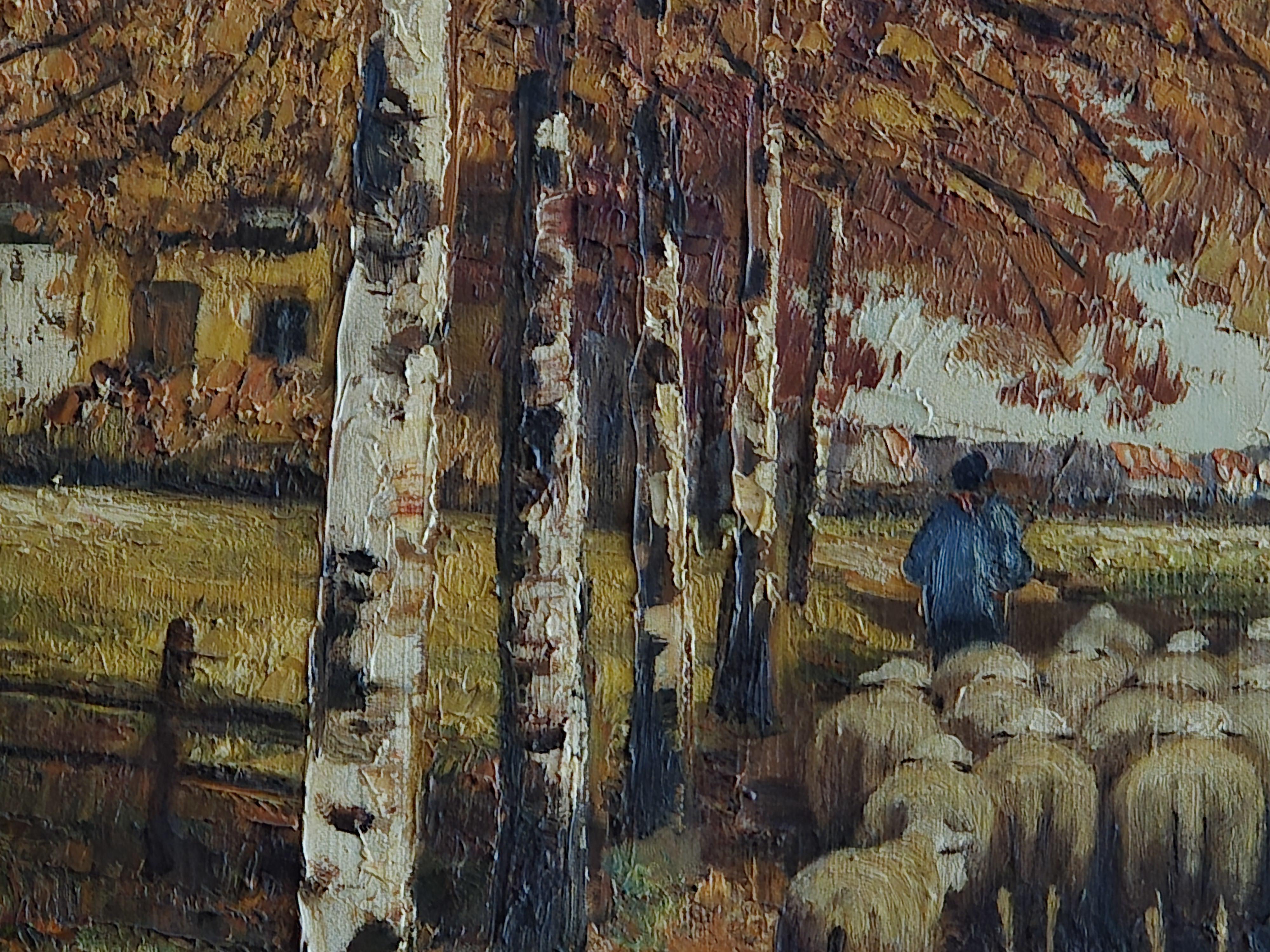 Schilderij, herfstlandschap met een kudde schapen en een herder op een zandweg in een rijk gedecoreerde barokke kader lot 82 – foto 7 – kavel bij Goeiendeal, Jette