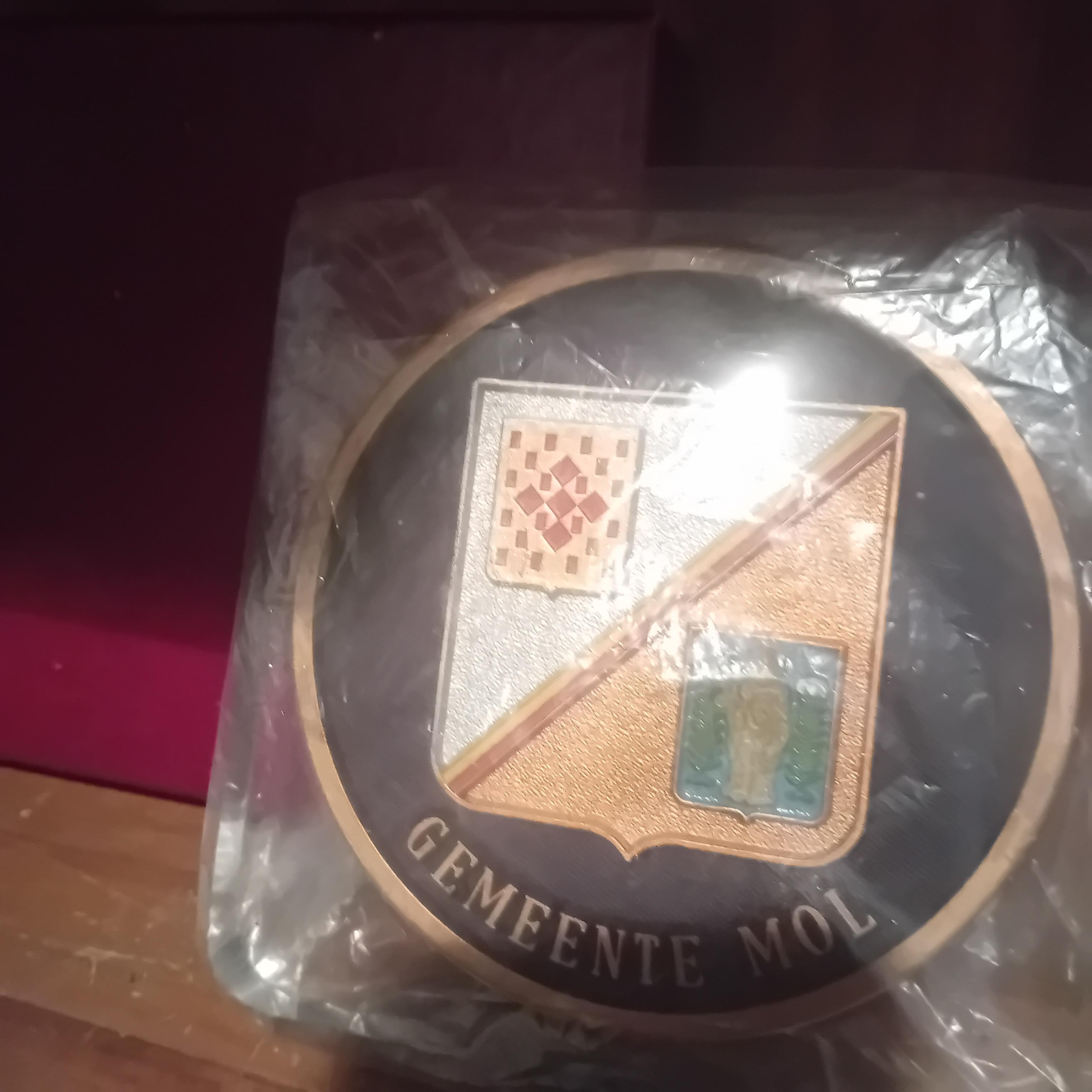 Medaille / herdenkingspenning in plexiglas met het wapenschild van Gemeente Mol lot 22 – foto 2 – kavel bij Goeiendeal, Lommel