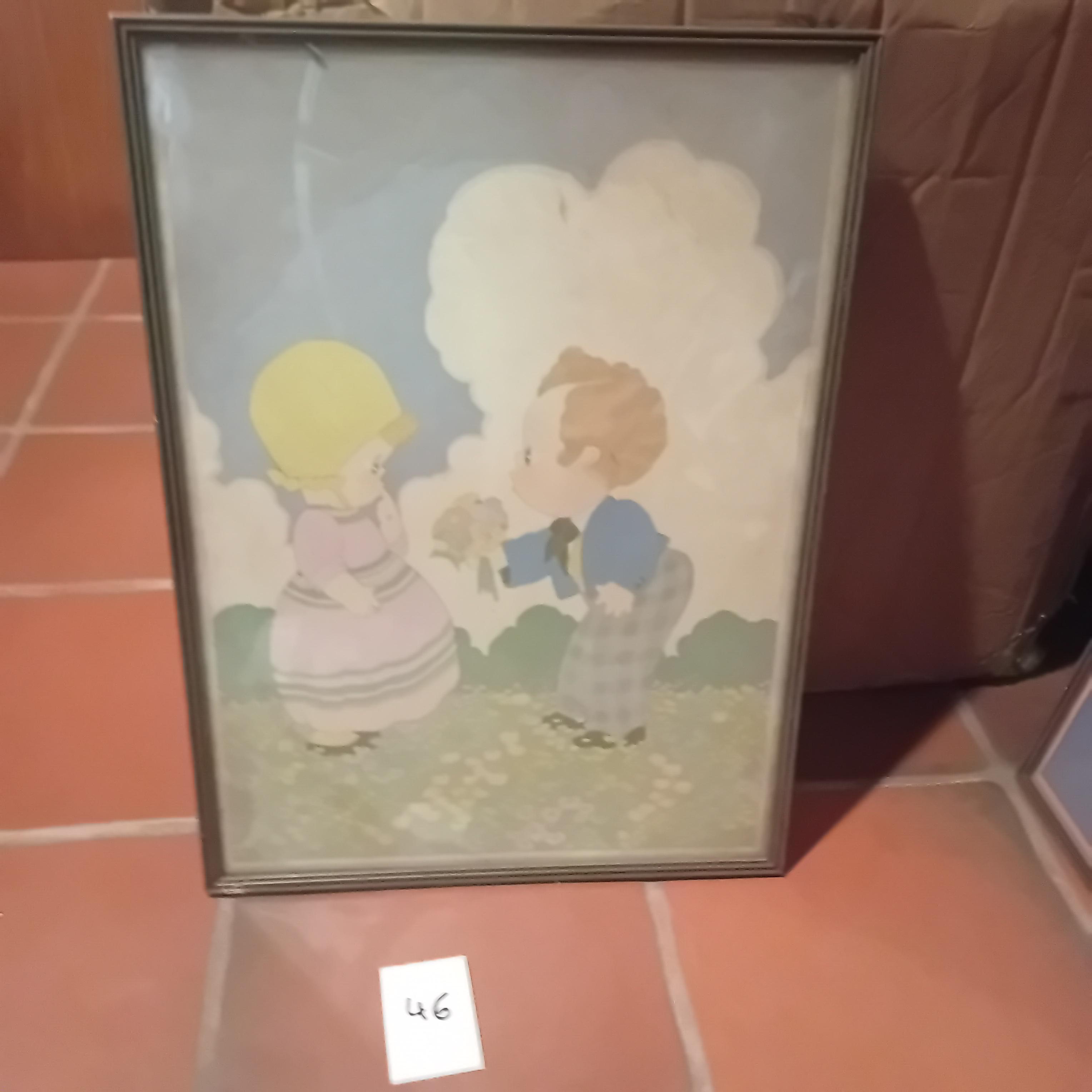 Ingekaderde prent met een nostalgische illustratie van een jongen die bloemen geeft aan een meisje lot 46 – kavel bij Goeiendeal, Lommel