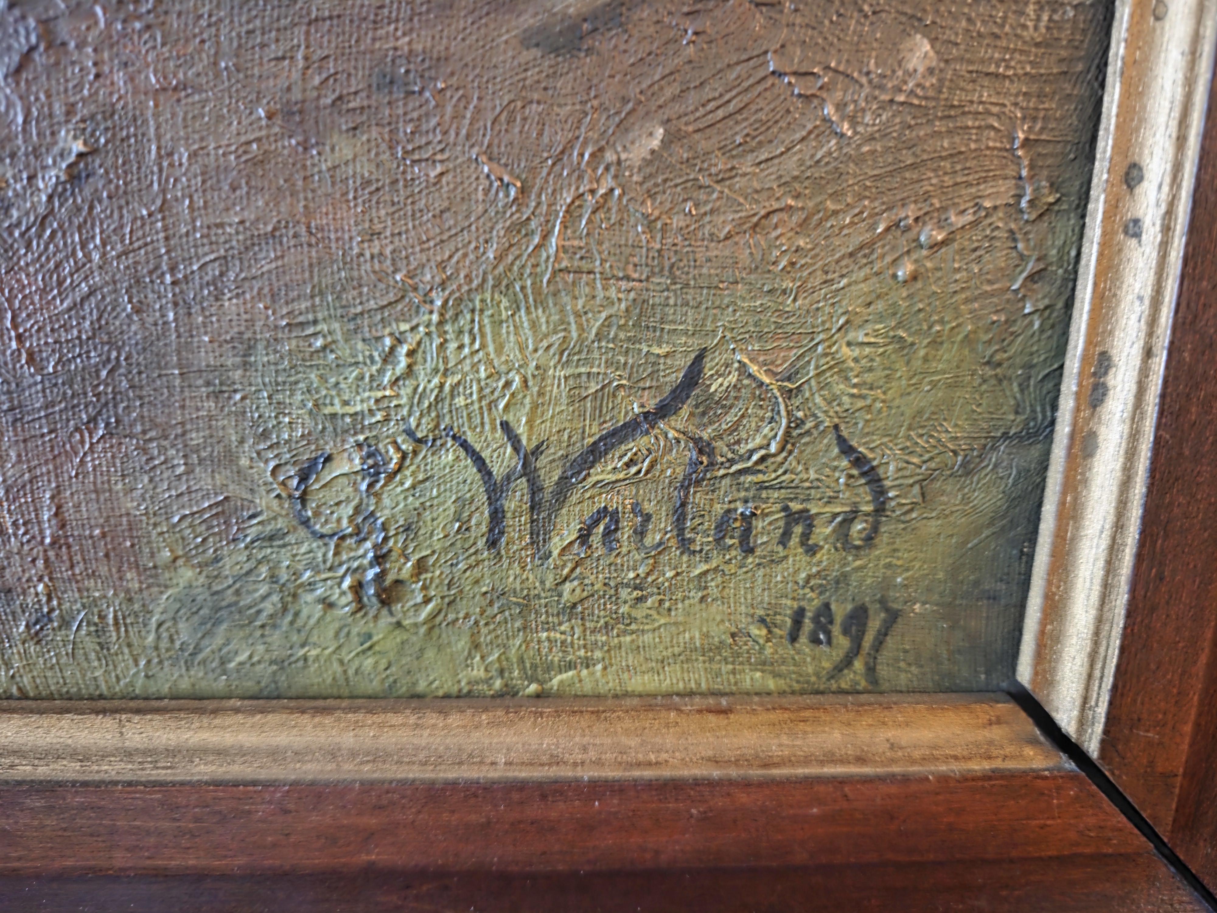 Schilderij met landelijk tafereel van koeien bij het water en een hoeve, gesigneerd G. Worland (1897) – Lot 91 – foto 2 – kavel bij Goeiendeal, Jette