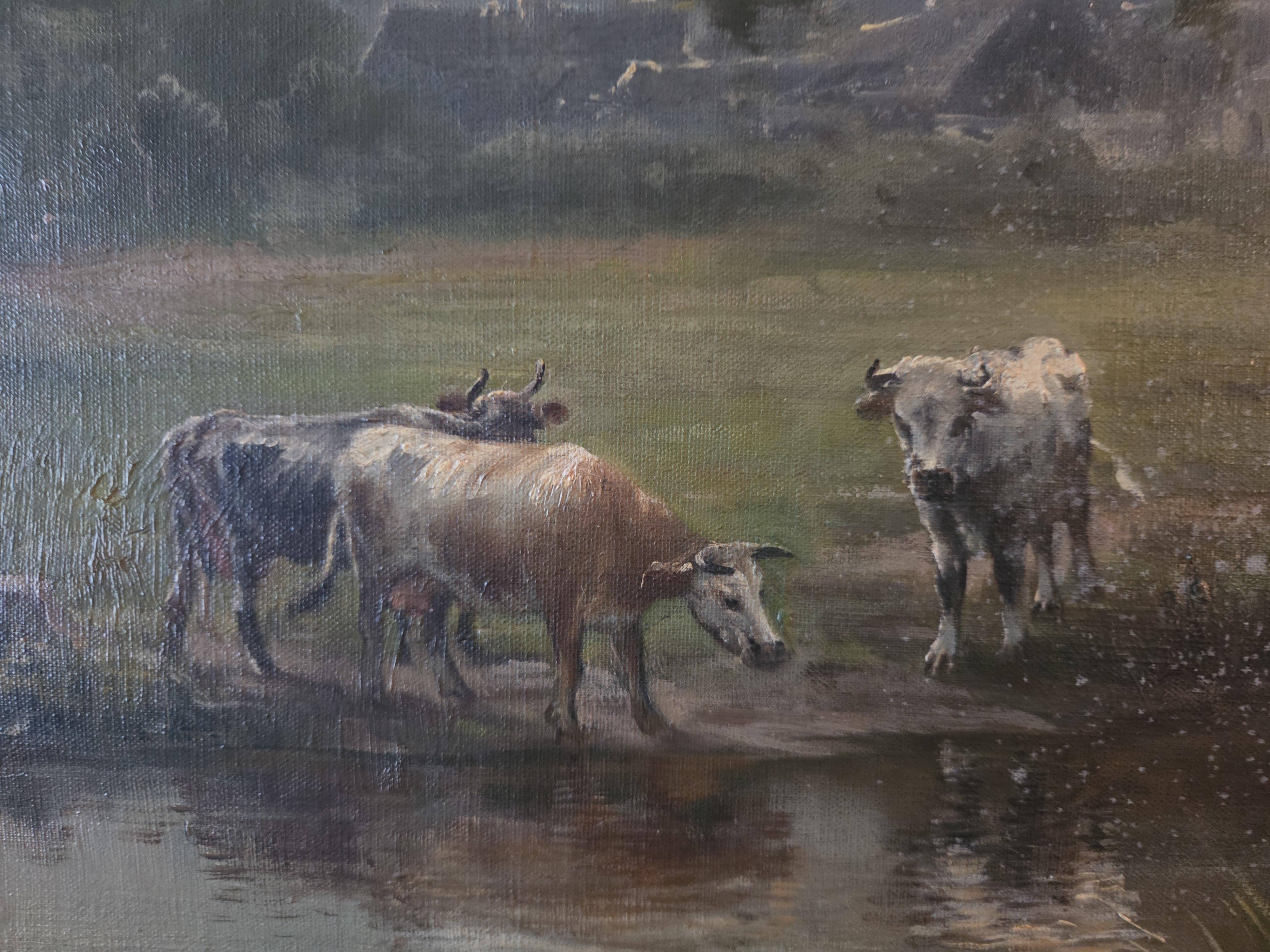 Schilderij met landelijk tafereel van koeien bij het water en een hoeve, gesigneerd G. Worland (1897) – Lot 91 – foto 3 – kavel bij Goeiendeal, Jette