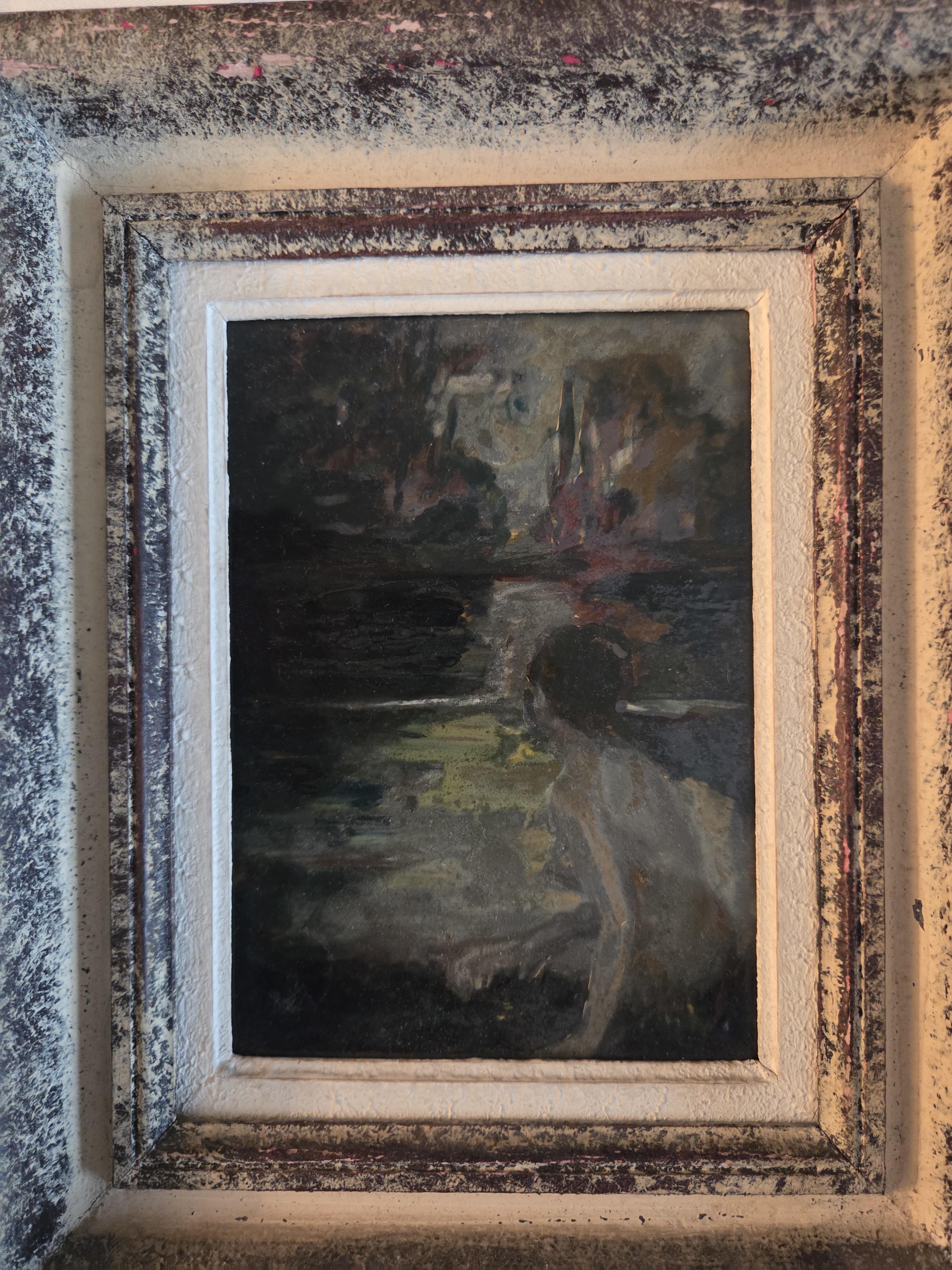 Set bestaande uit een klein ingelijst schilderij van een figuur bij het water en een rond reliëfportret van een kind – Lot 113 – foto 2 – kavel bij Goeiendeal, Jette