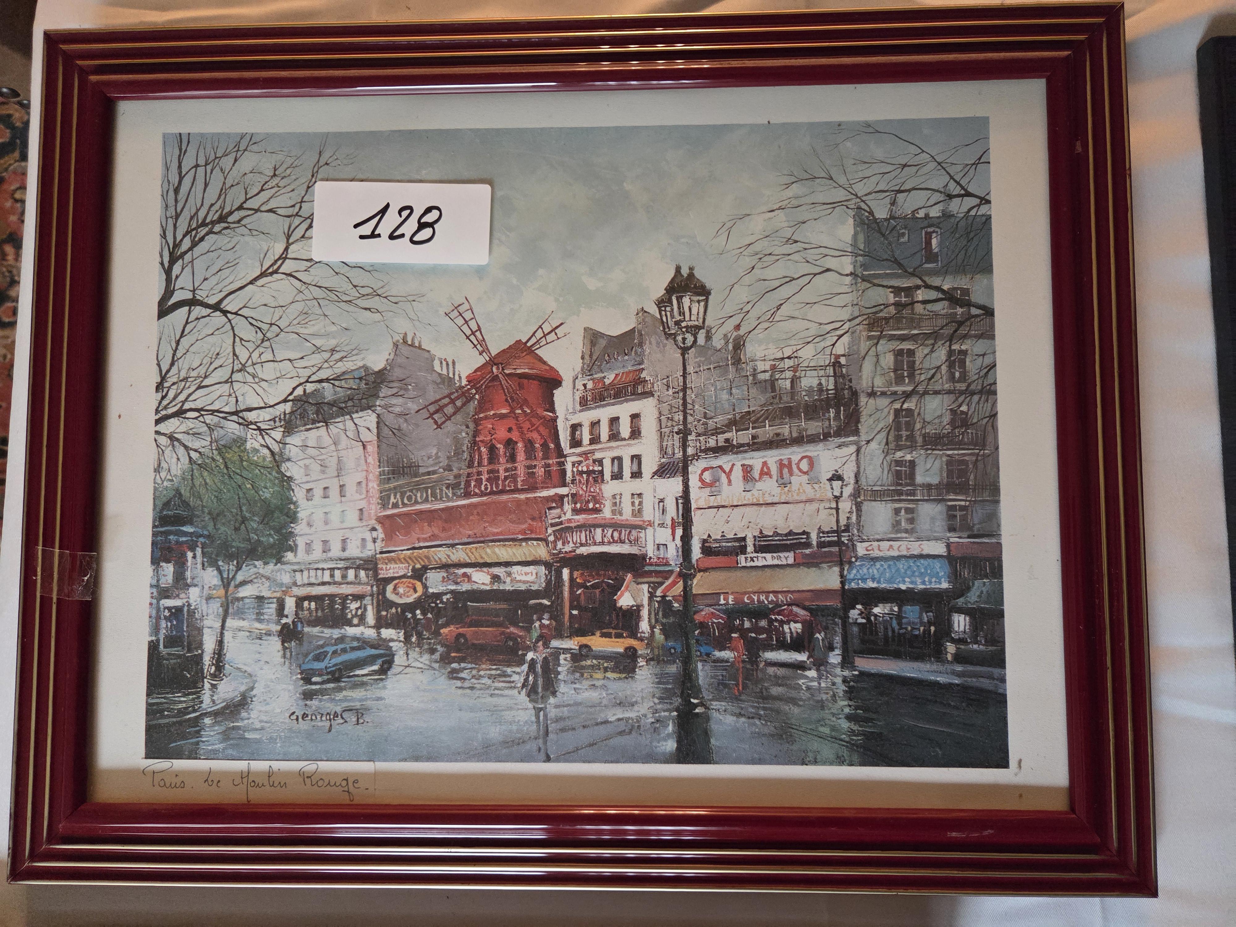 Ingelijste prent van Parijs met gezicht op de Moulin Rouge en het naastgelegen theater Cyrano, gesigneerd Georges B. – Lot 128 – foto 2 – kavel bij Goeiendeal, Jette