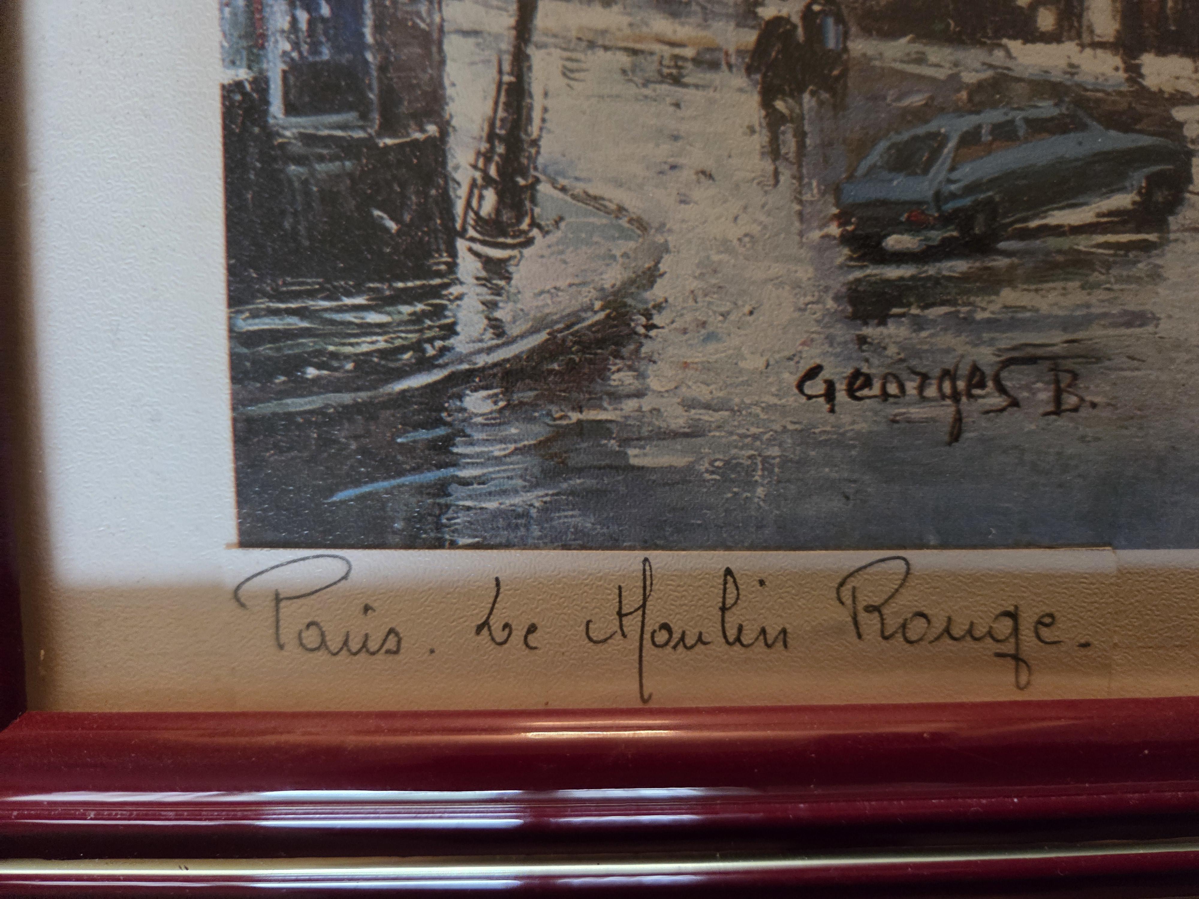 Ingelijste prent van Parijs met gezicht op de Moulin Rouge en het naastgelegen theater Cyrano, gesigneerd Georges B. – Lot 128 – foto 3 – kavel bij Goeiendeal, Jette