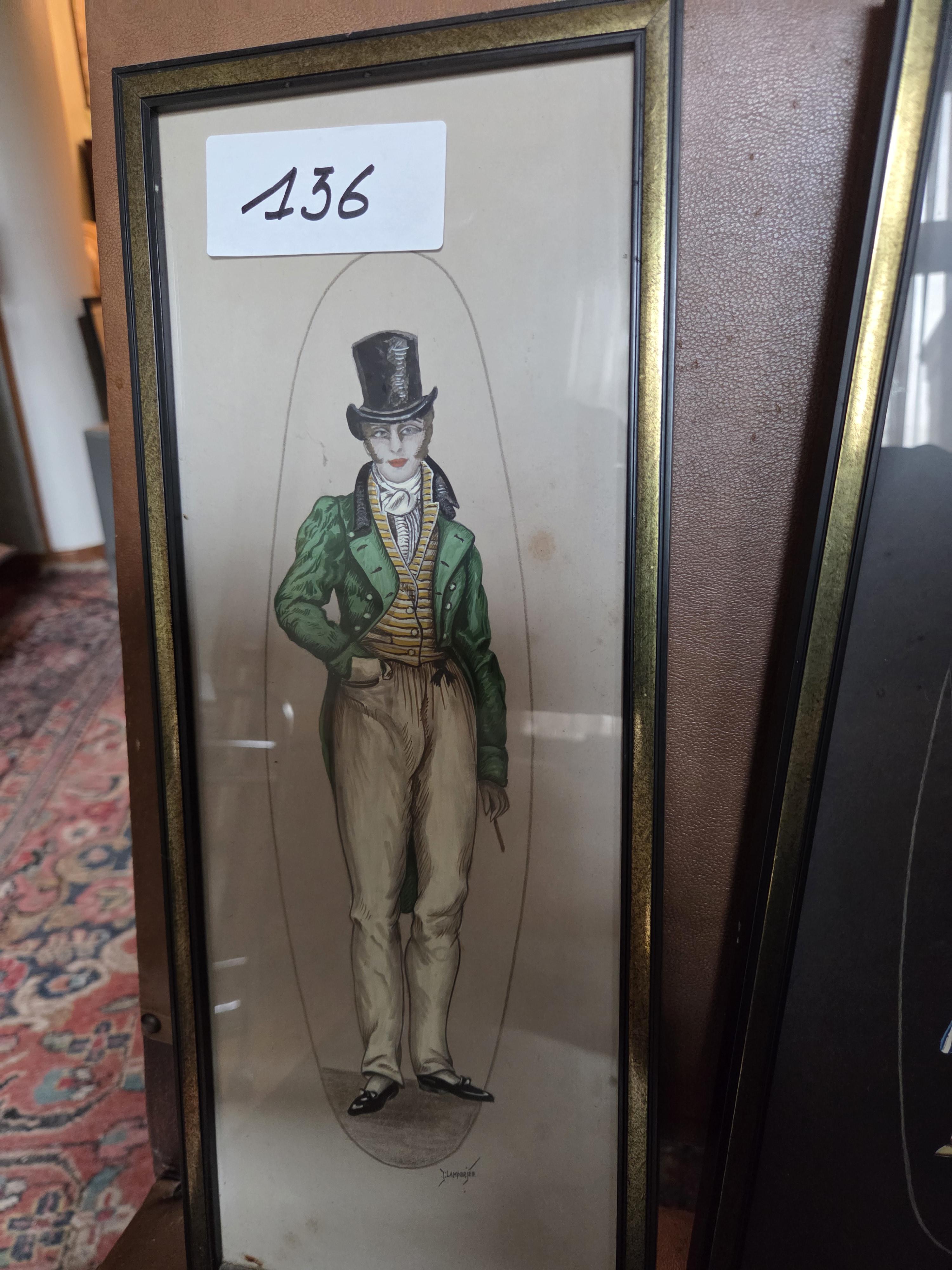 Set van drie langwerpige, ingelijste modeprenten/tekeningen van historische figuren in klederdracht – Lot 136 – foto 2 – kavel bij Goeiendeal, Jette