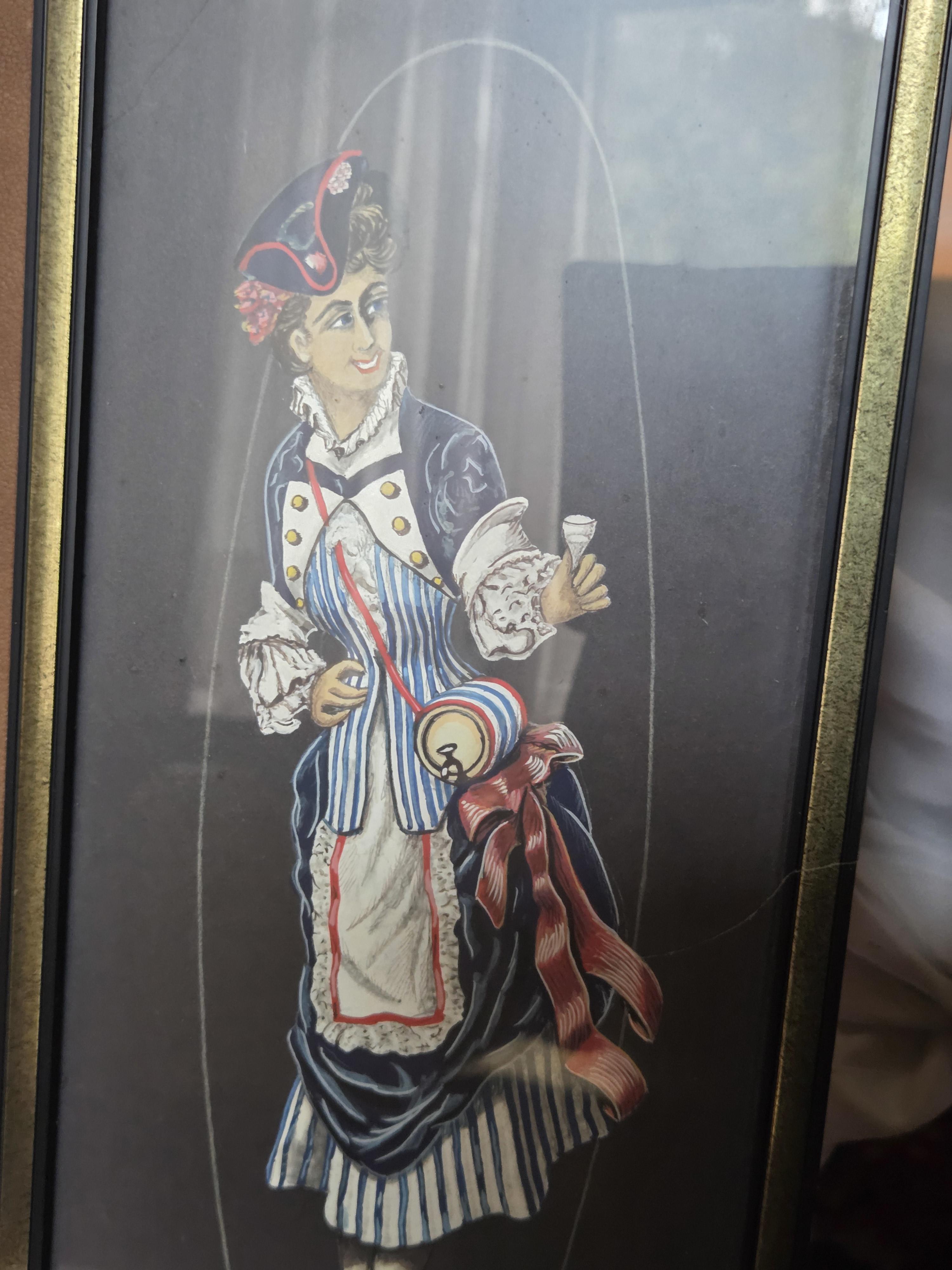 Set van drie langwerpige, ingelijste modeprenten/tekeningen van historische figuren in klederdracht – Lot 136 – foto 3 – kavel bij Goeiendeal, Jette